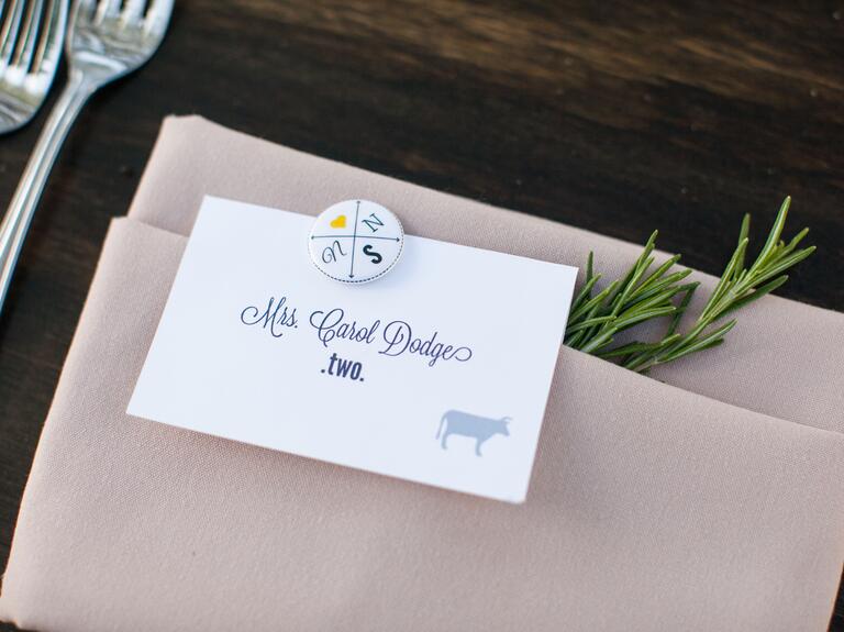 Greige linen reception napkin with animal place card 