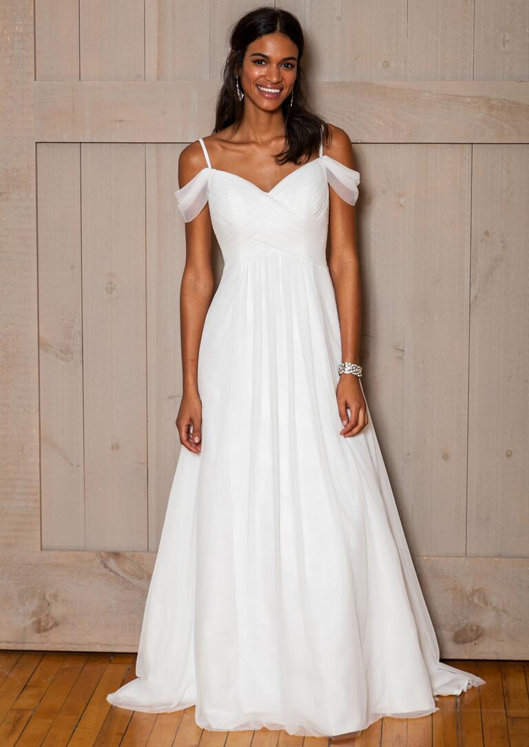 David's Bridal Fall 2016 off-the-shoulder chiffon wedding dress 