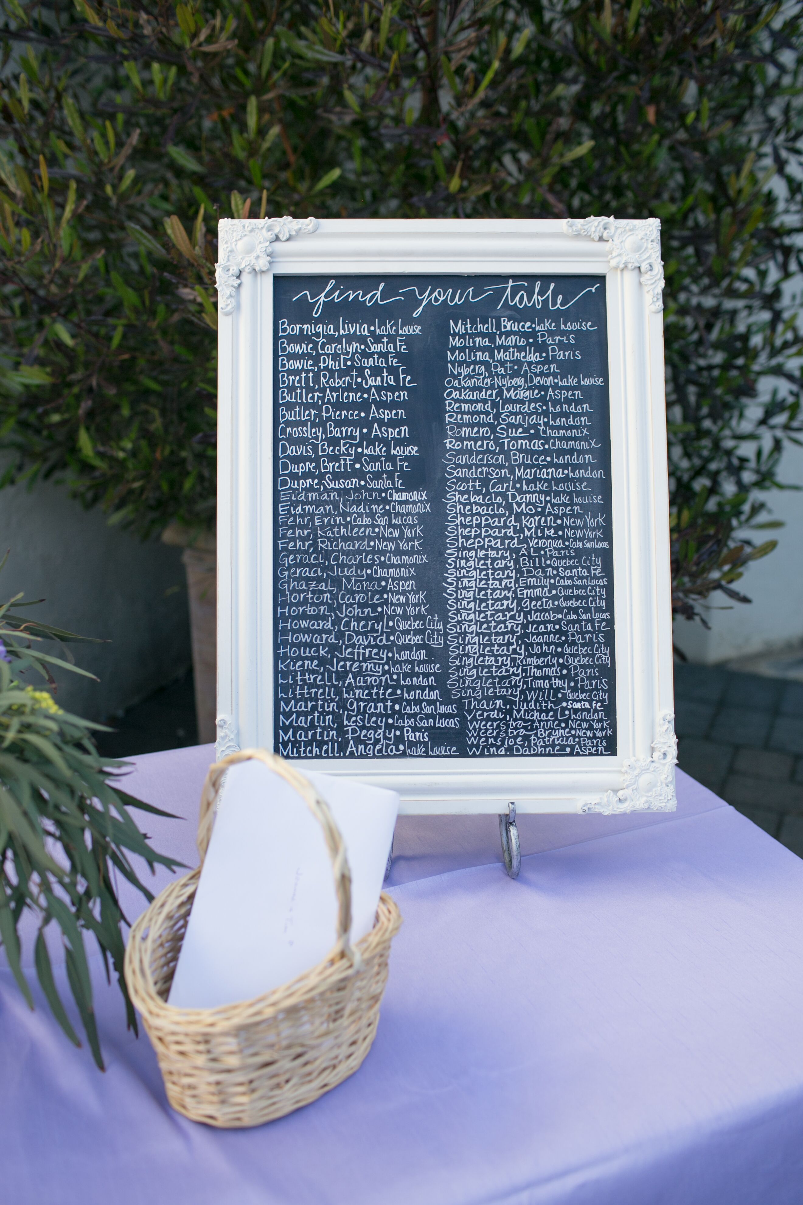 White Framed Chalkboard Seating Chart