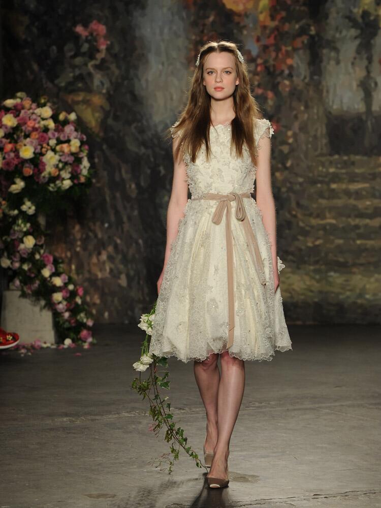 Jenny Packham tea-length wedding dress with organza floral appliques and neutral velvet sash from Spring 2016