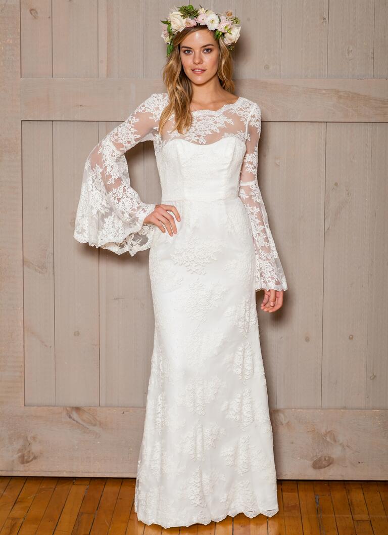 David's Bridal Fall 2016 bell sleeve lace overlay wedding dress with sweetheart neckline 