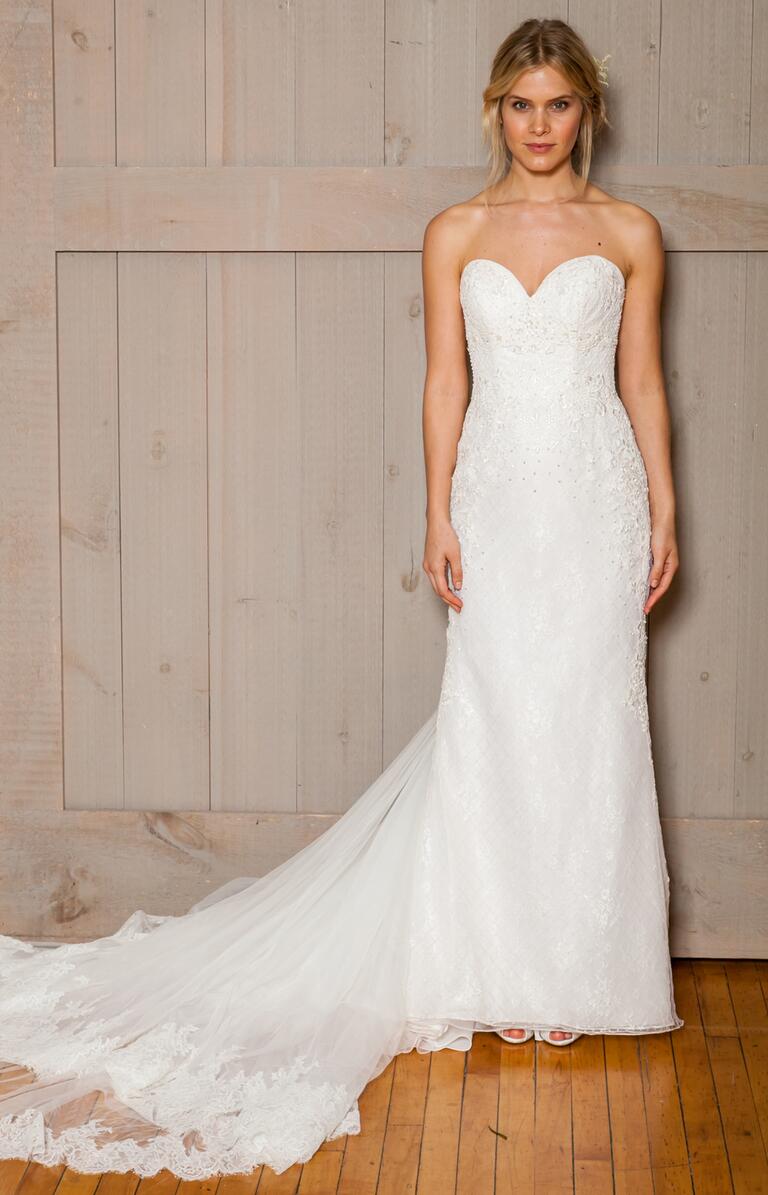 David's Bridal Fall 2016 strapless sweetheart neckline wedding dress with lace trimmed train