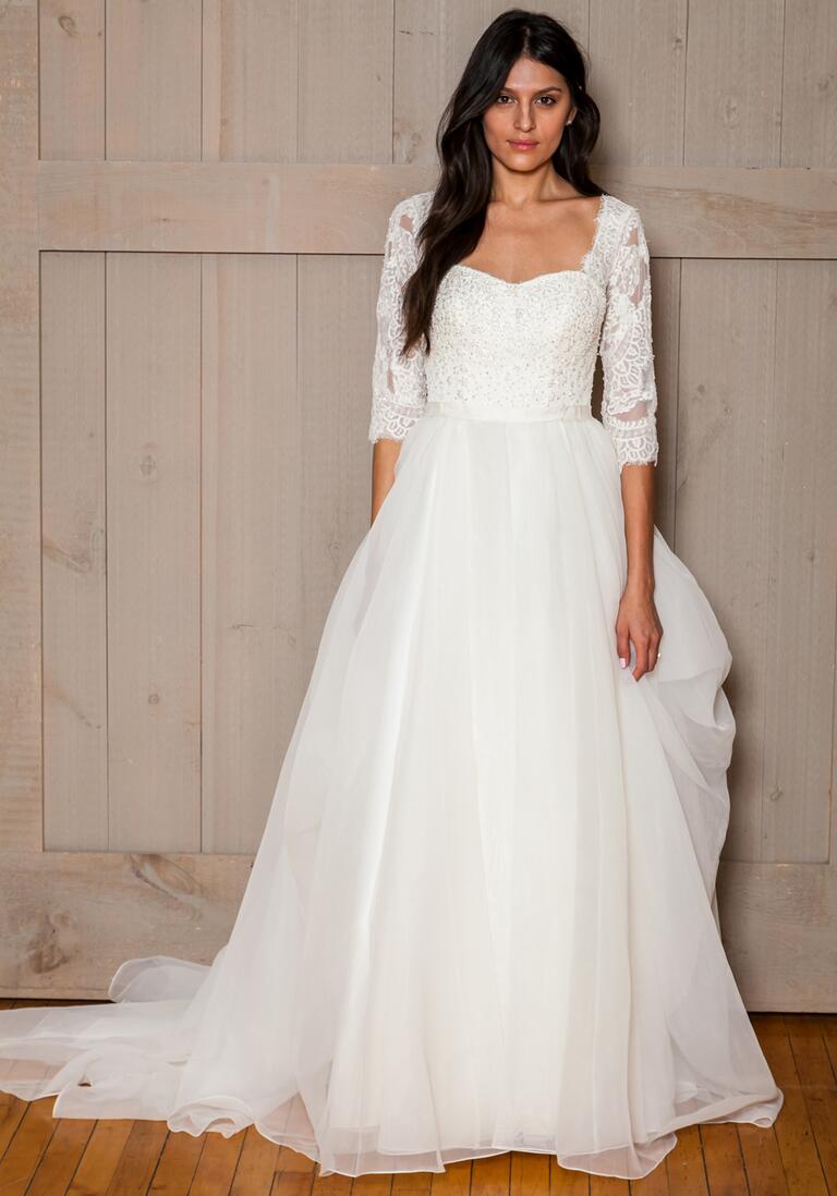 David's Bridal Fall 2016 3/4 lace sleeve wedding dress with tulle skirt