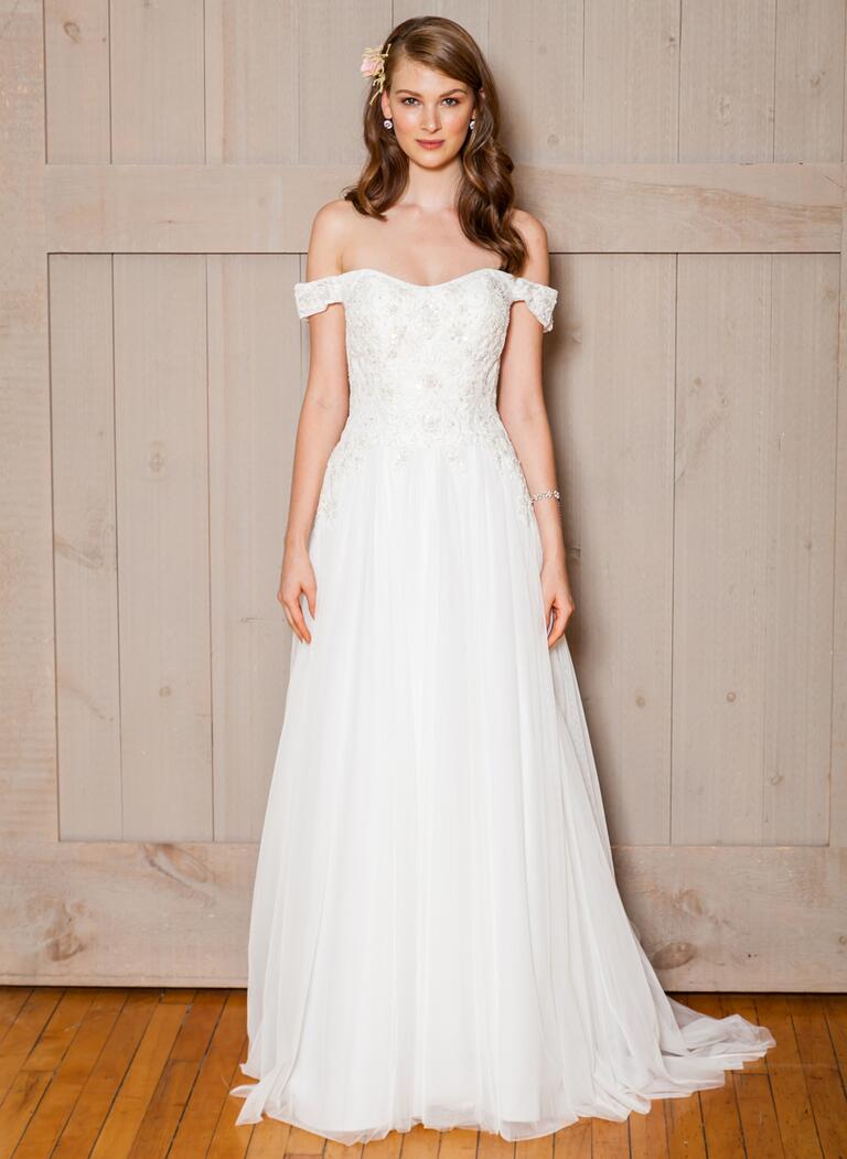 David's Bridal Fall 2016 off-the-shoulder wedding dress with beaded bodice