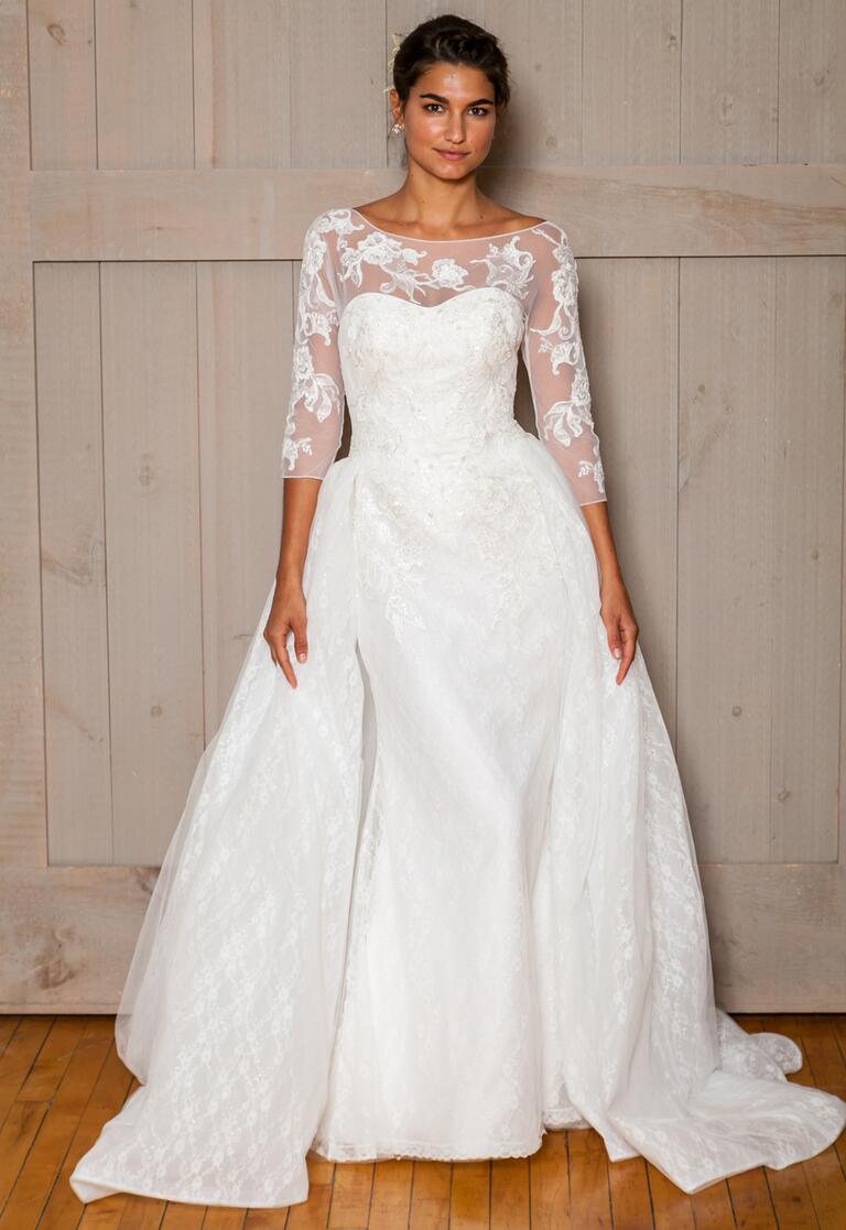 David's Bridal Fall 2016 3/4 mesh sleeve ball gown wedding dress with sweetheart neckline
