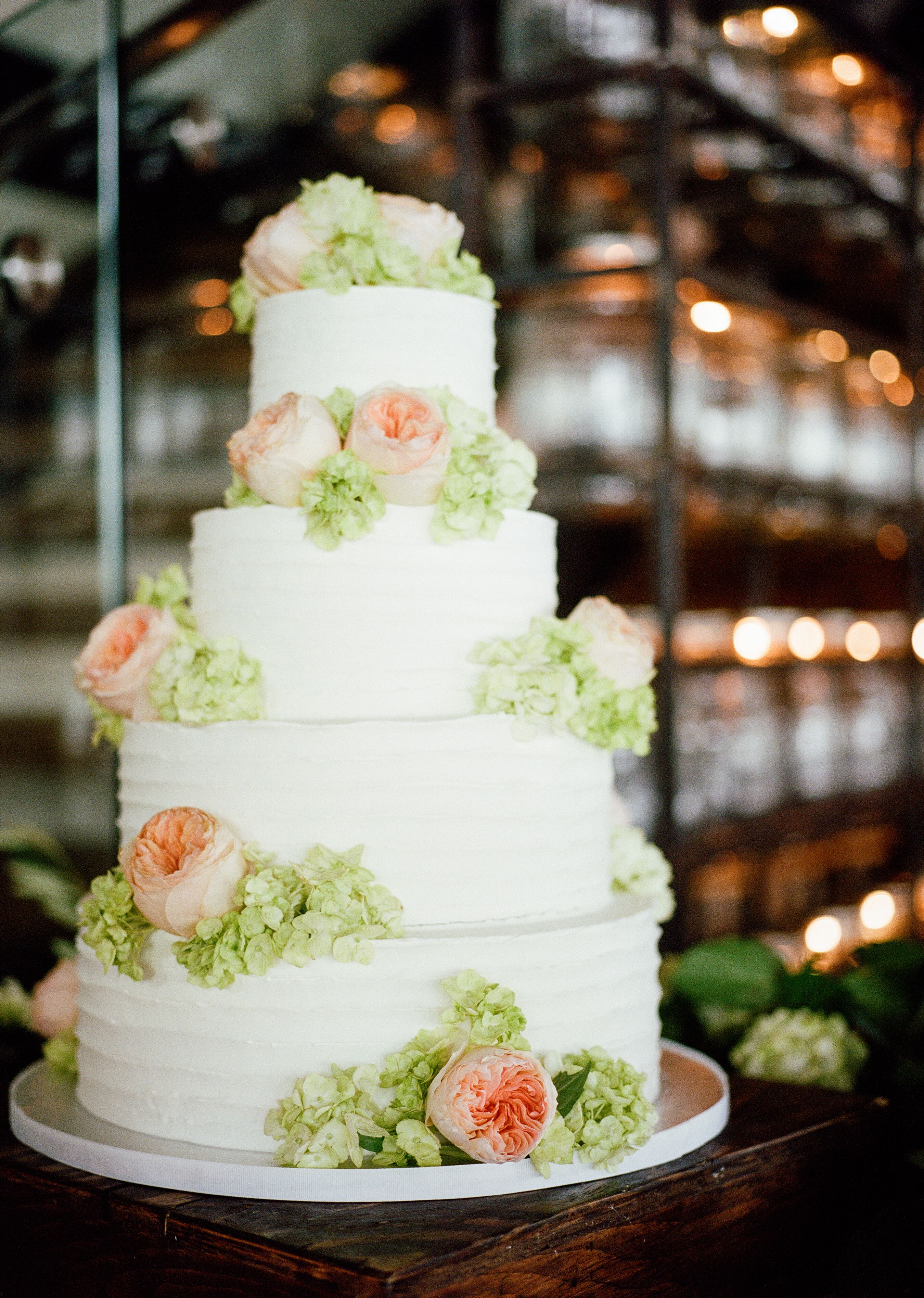 Buttercream Wedding Cake With Garden Roses And Hydrangea