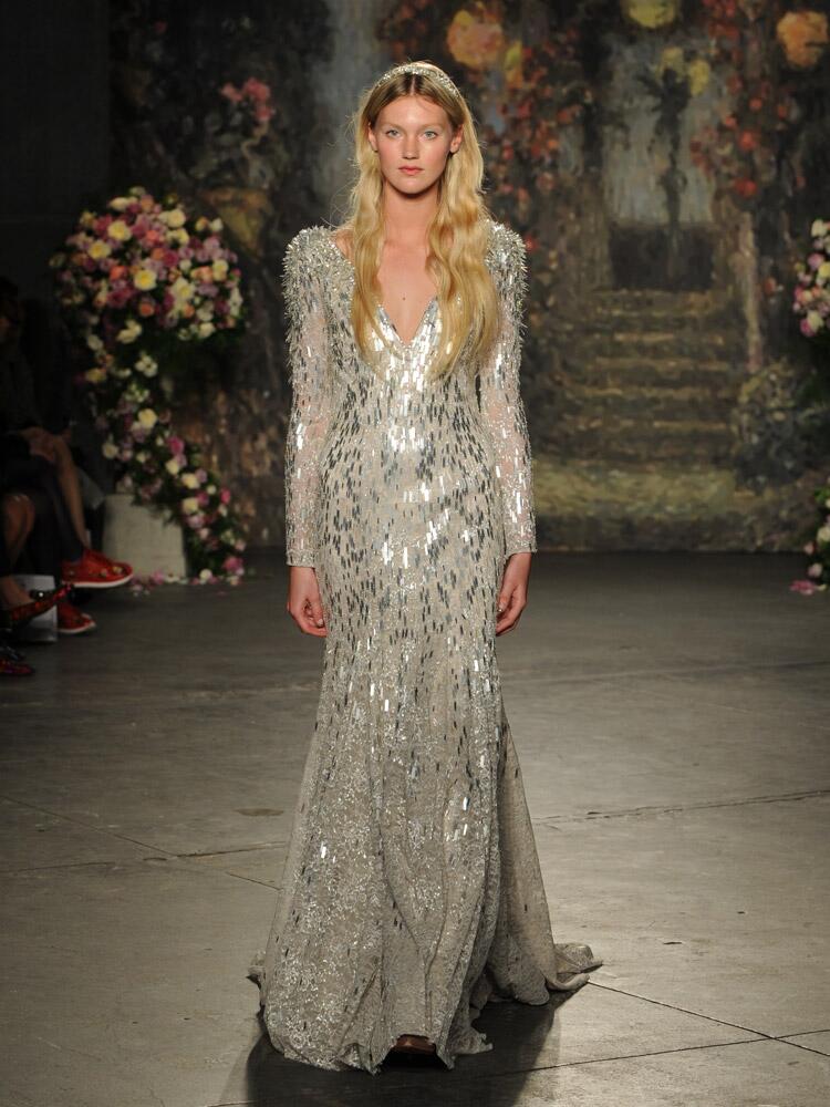 Jenny Packham long sleeve metallic silver and organza floral appliques from Spring 2016