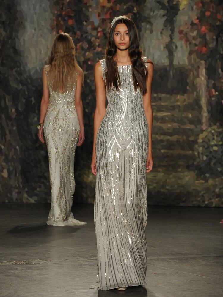 Jenny Packham sleeveless sheath wedding dress with silver metallic sequins from Spring 2016