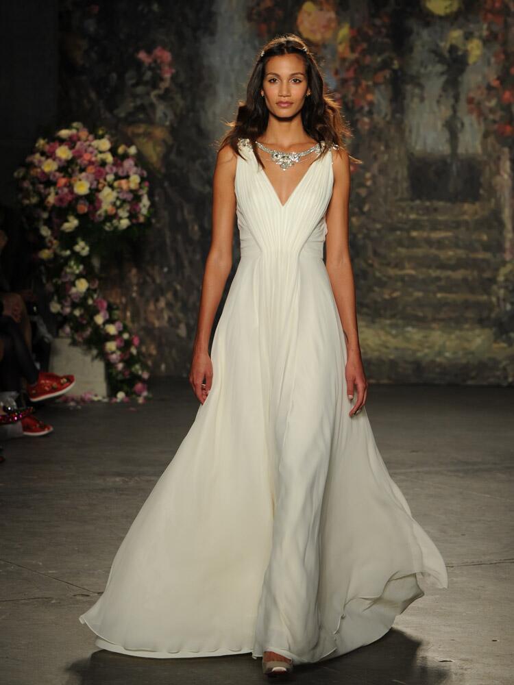 Jenny Packham deep v-neck wedding dress with beaded necklace from Spring 2016