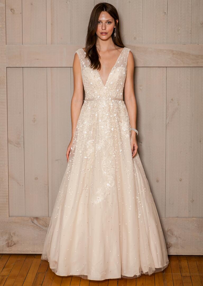 David's Bridal Fall 2016 champagne v-neck wedding dress with beading 