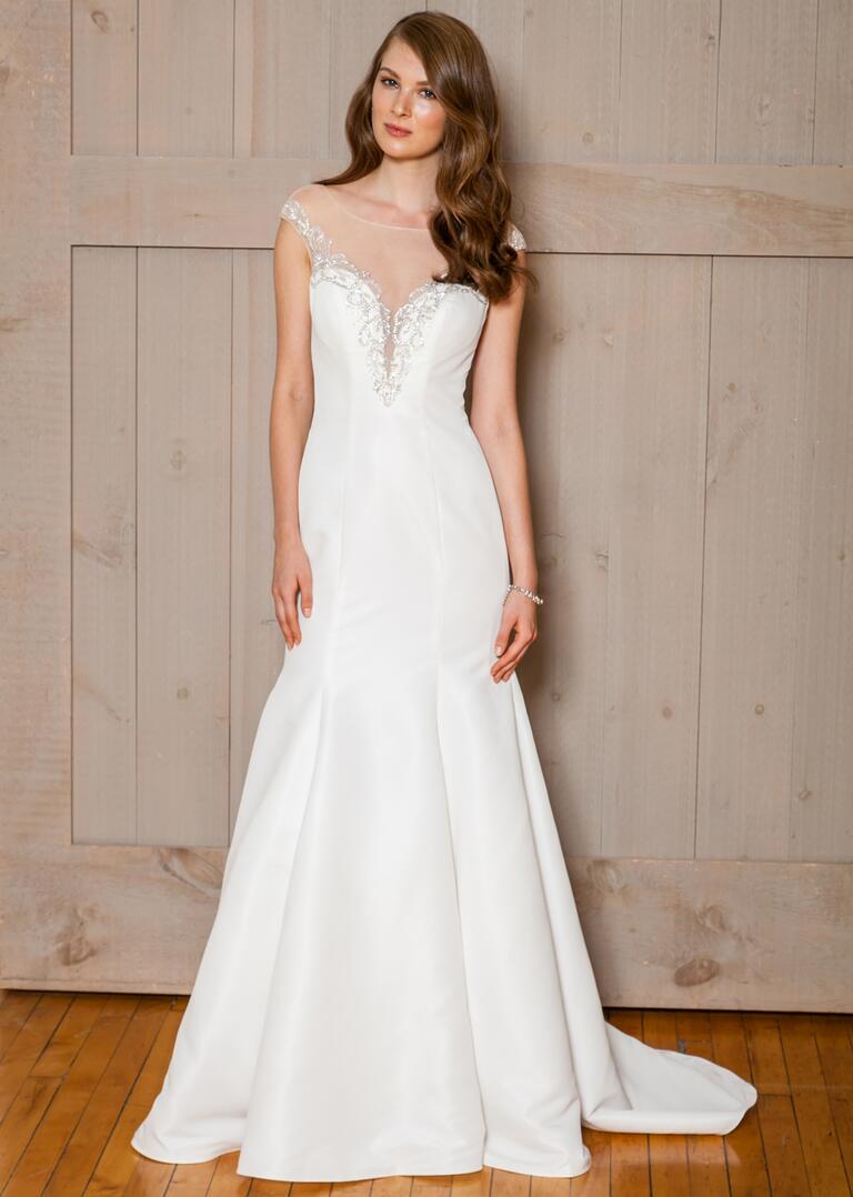 David's Bridal Fall 2016 satin trumpet wedding dress with mesh cap sleeves and beading