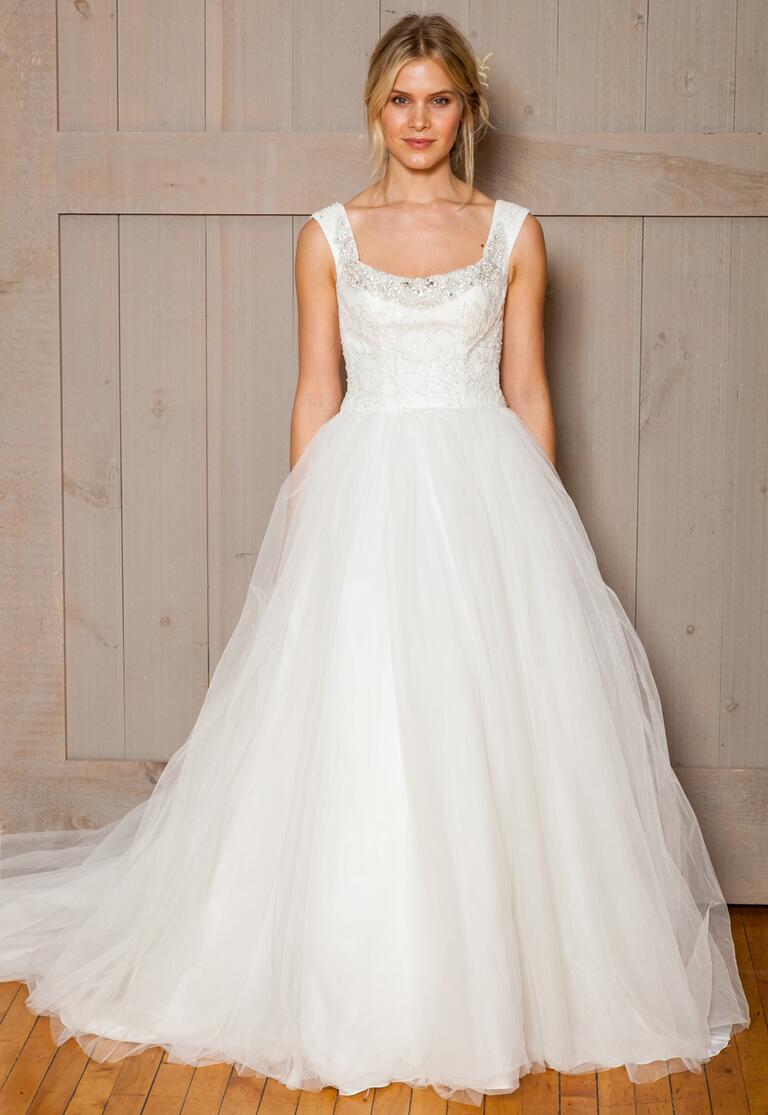 David's Bridal Fall 2016 scoop neck wedding dress with tulle skirt and beaded bodice