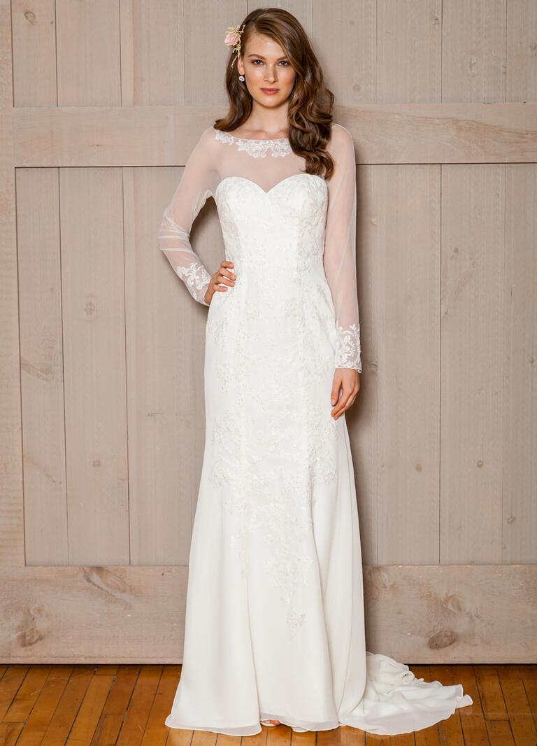 David's Bridal Fall 2016 mesh long sleeve wedding dress with beading and sweetheart neckline 