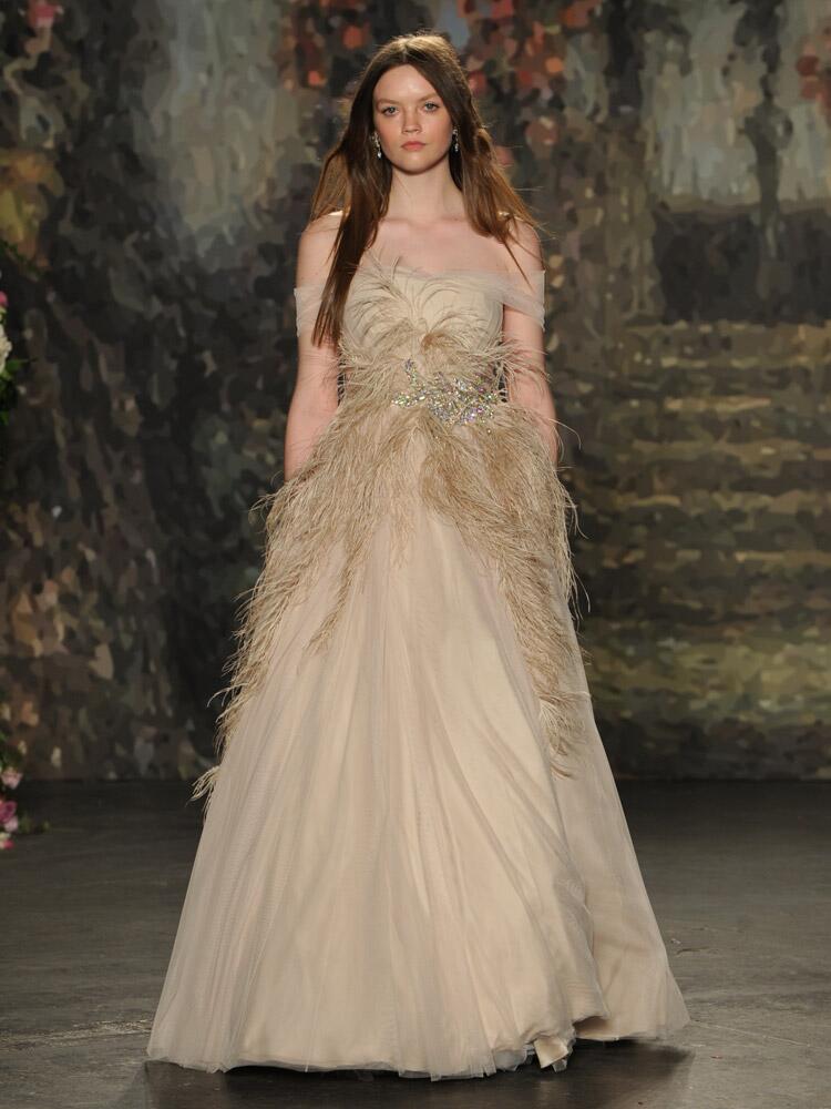 Jenny Packham neutral feathered wedding dress with off-shoulder sleeves and embellished waist from Spring 2016