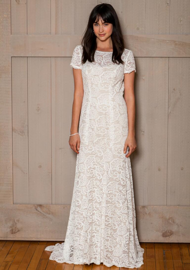 David's Bridal Fall 2016 lace overlay short sleeve sheath wedding dress