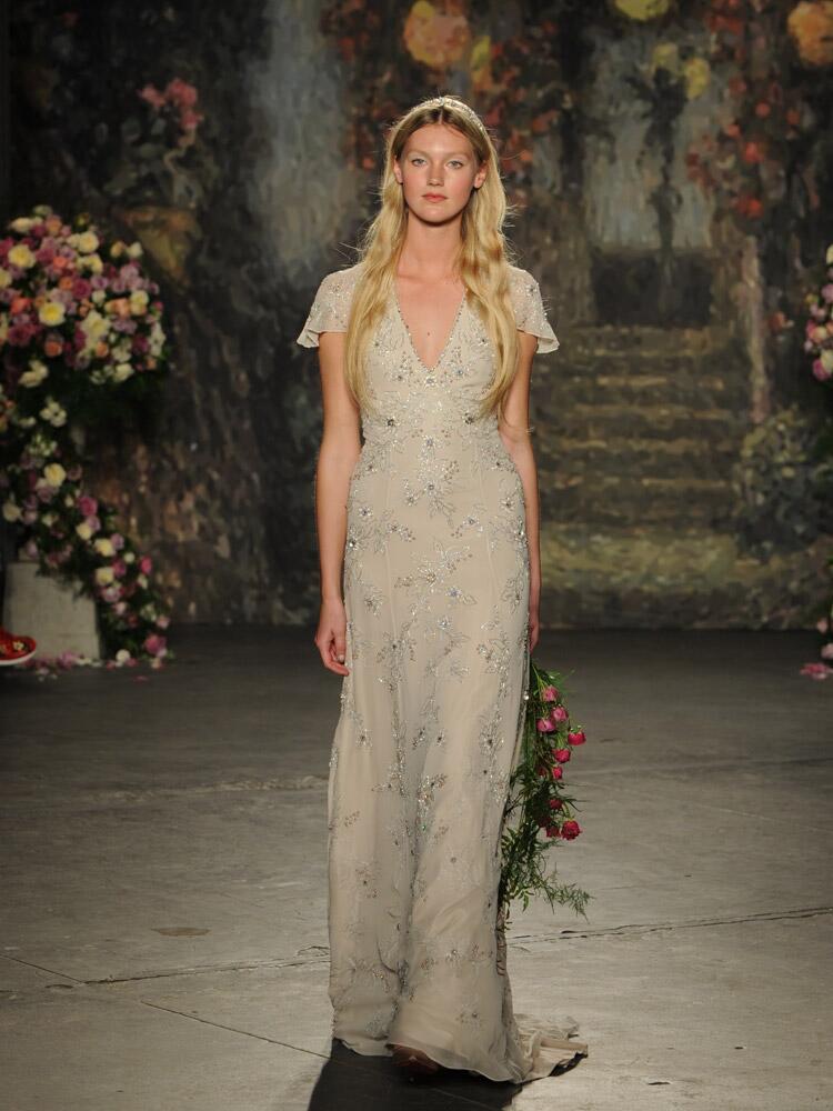 Jenny Packham neutral wedding dress with beaded floral appliques from Spring 2016