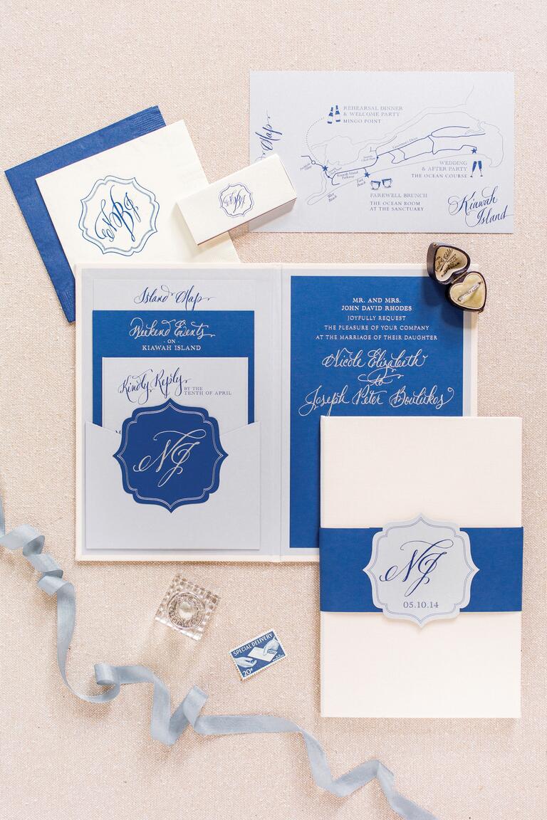 Custom Cream and Blue Stationery Suite With Silver Details and Lettering