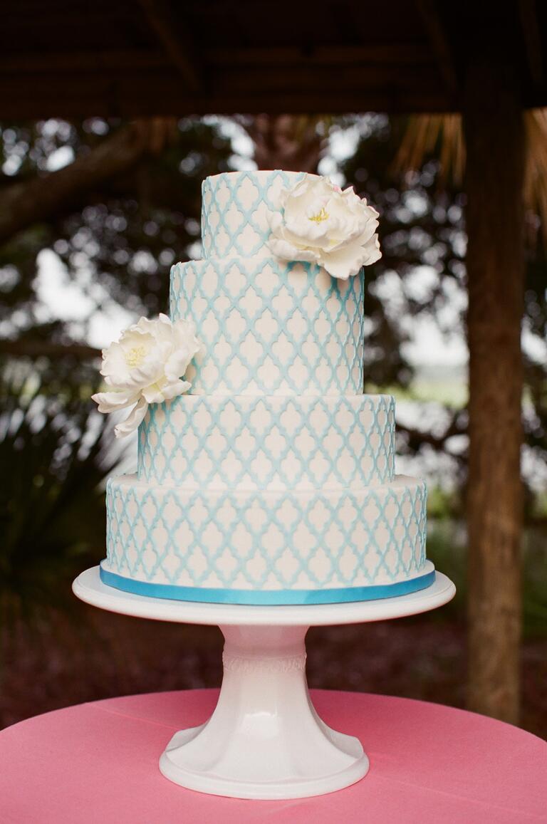 White cake with turquoise design