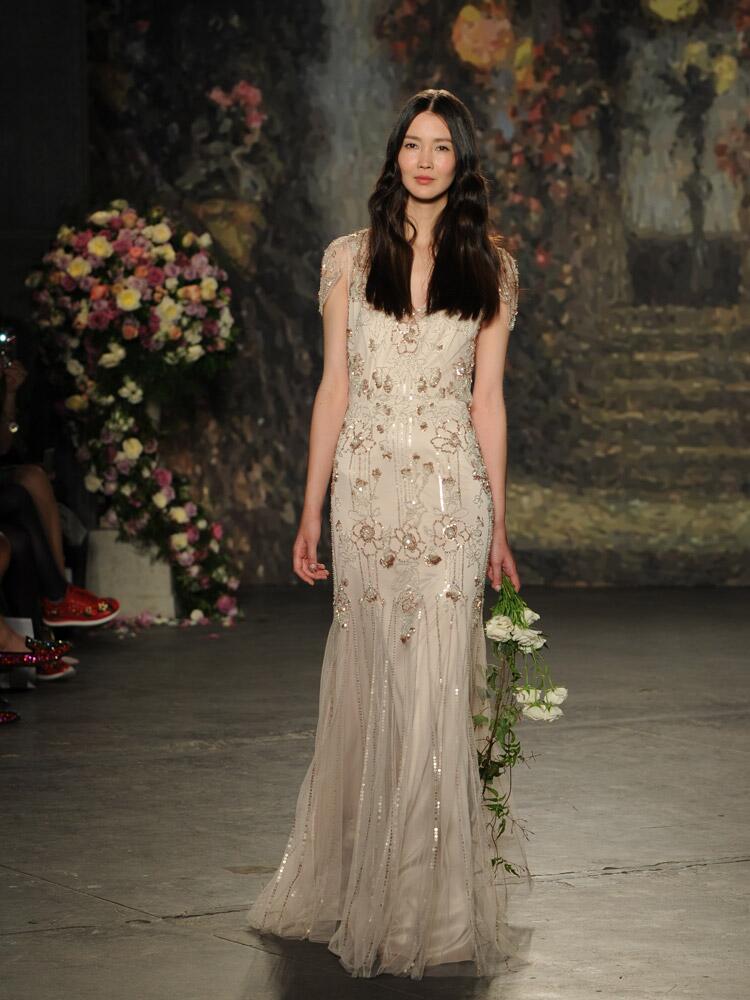 Jenny Packham champagne wedding dress with sequin flowers from Spring 2016