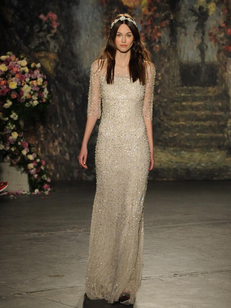 Jenny Packham neutral beaded wedding dress with sheer half sleeves from Spring 2016