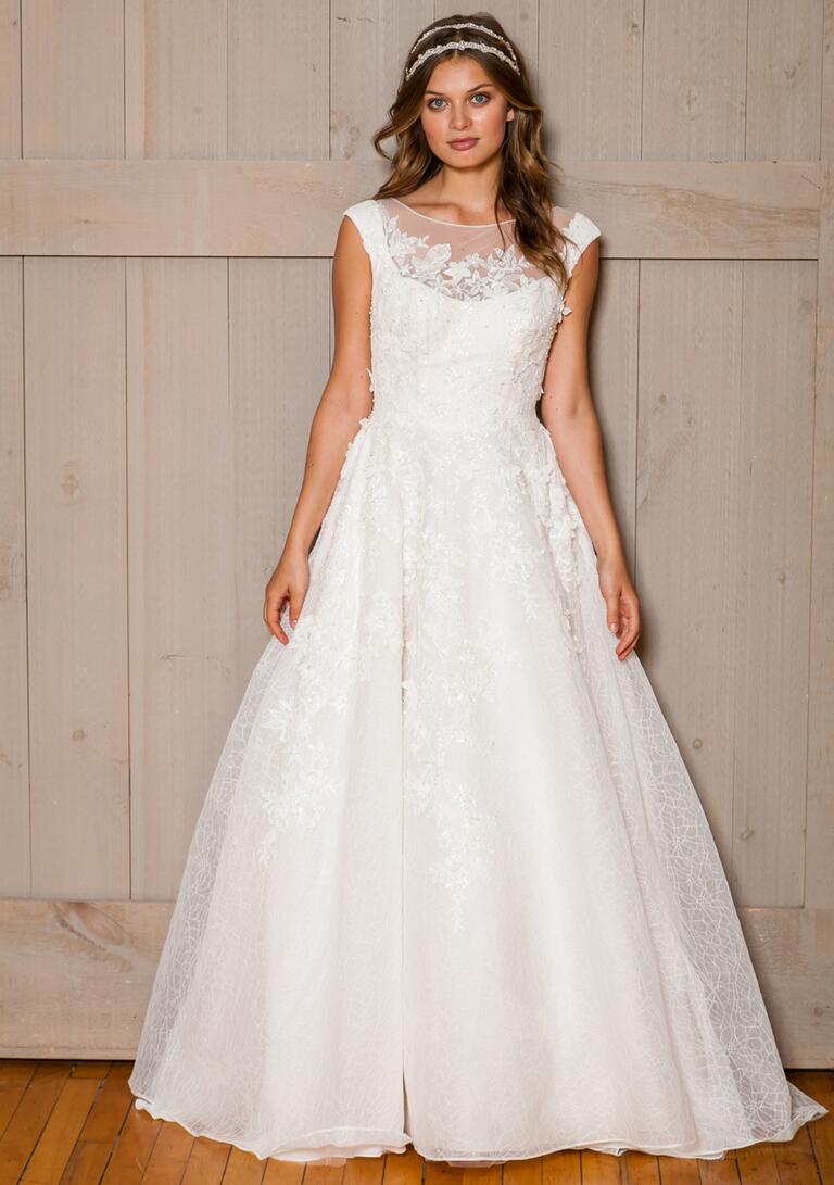 David's Bridal Fall 2016 cap sleeve a-line wedding dress with floral appliqué 