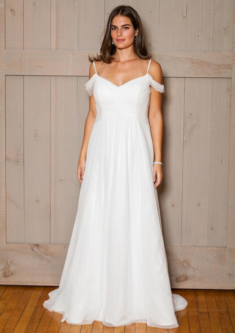 David's Bridal Fall 2016 off-the-shoulder chiffon wedding dress 