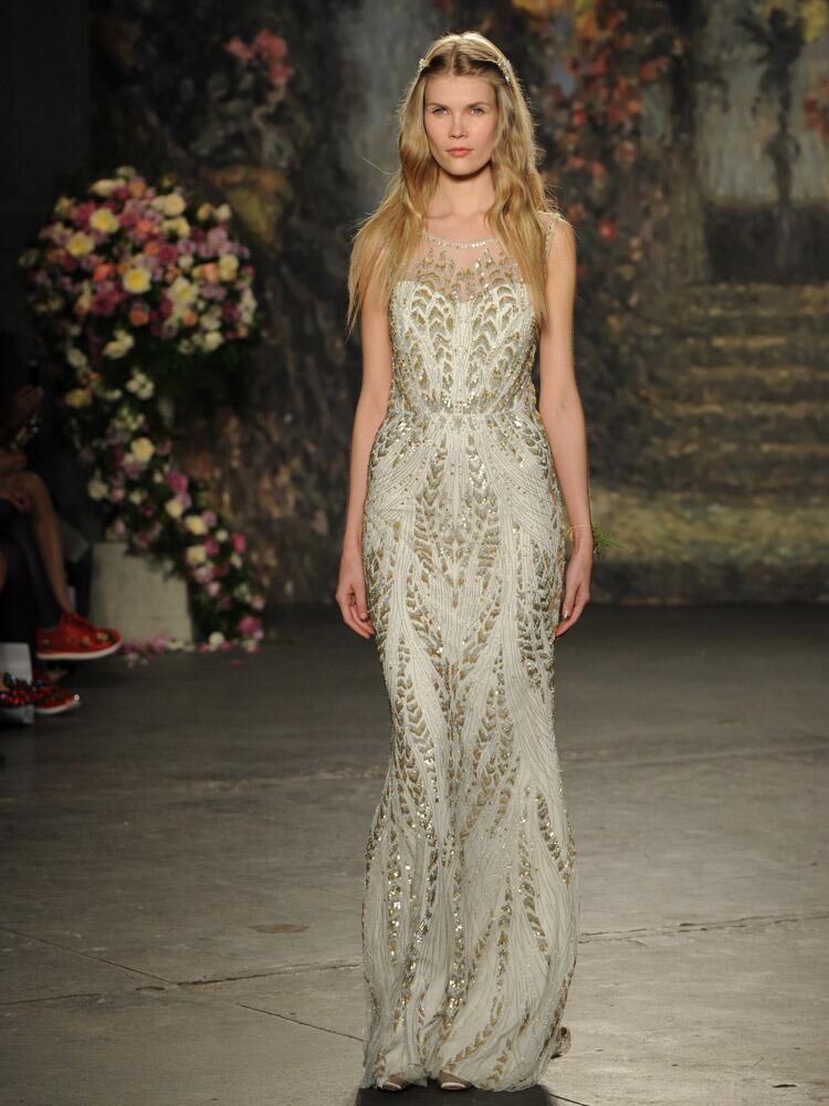 Jenny Packham silver and gold beaded wedding dress with illusion neckline from Spring 2016