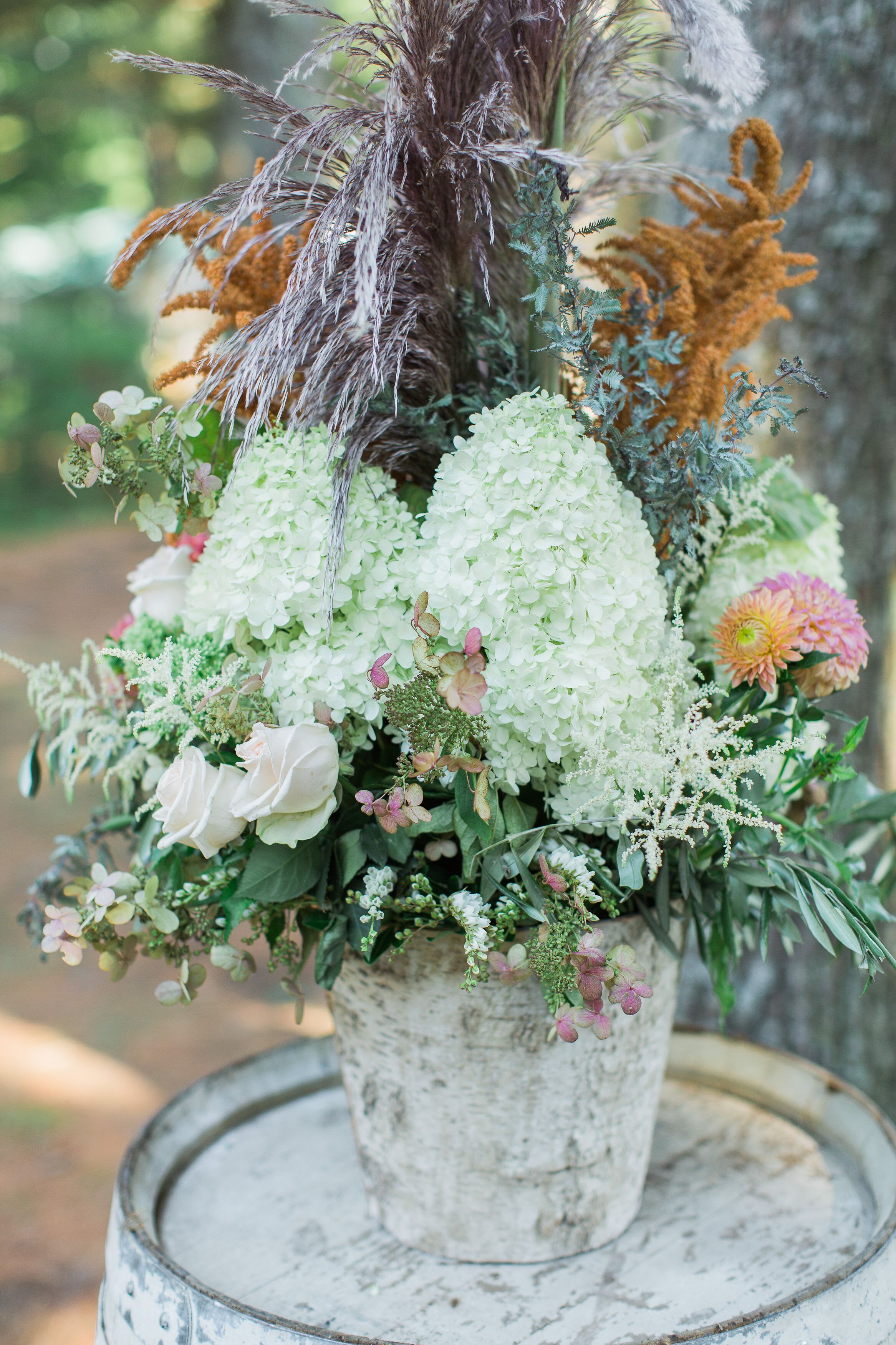 Rustic Hydrangea Rose And Wildflower Arrangements