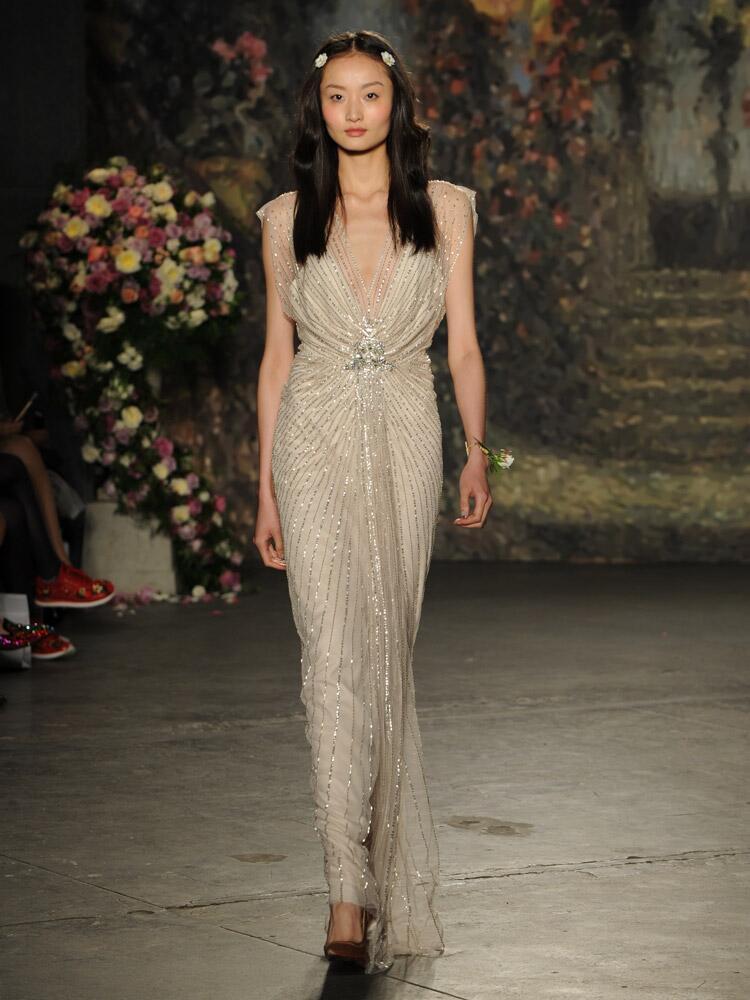 Jenny Packham neutral v-neck wedding dress with metallic silver sequins from Spring 2016