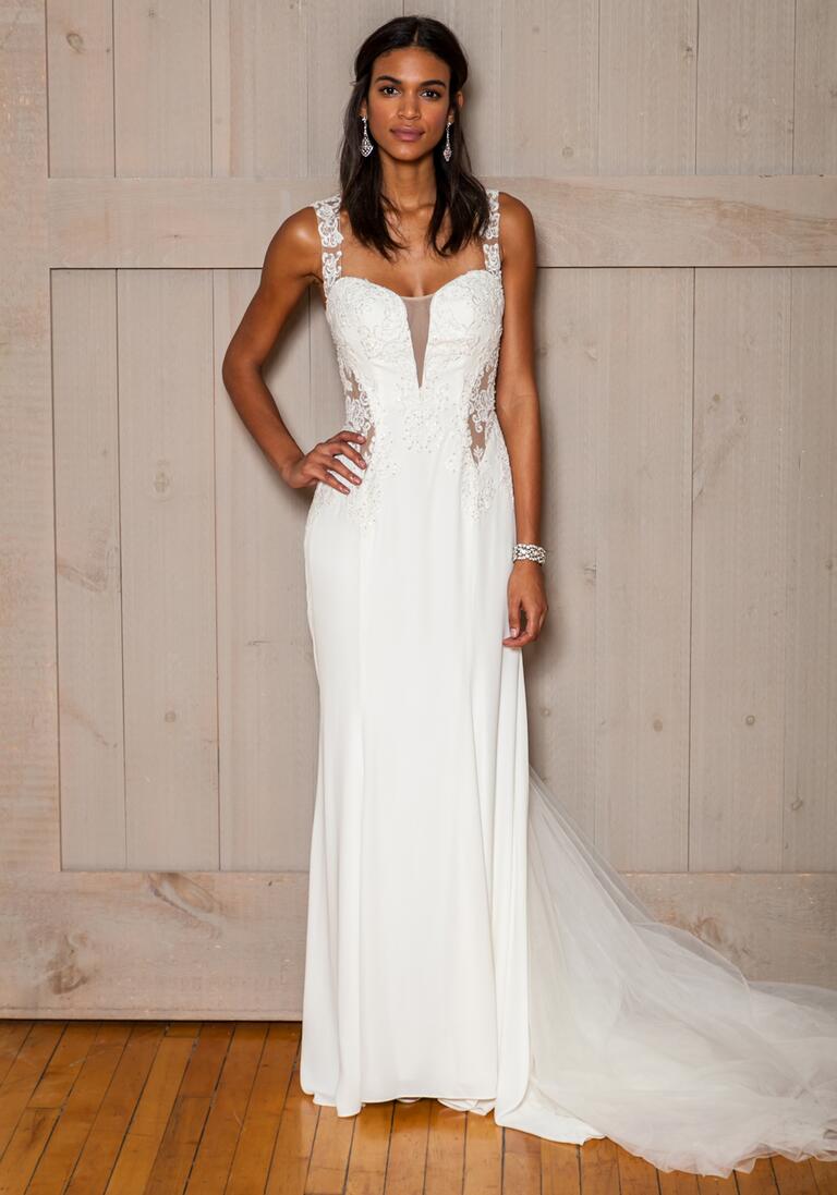 David's Bridal Fall 2016 sheath wedding dress with floral embroidered straps and beading 