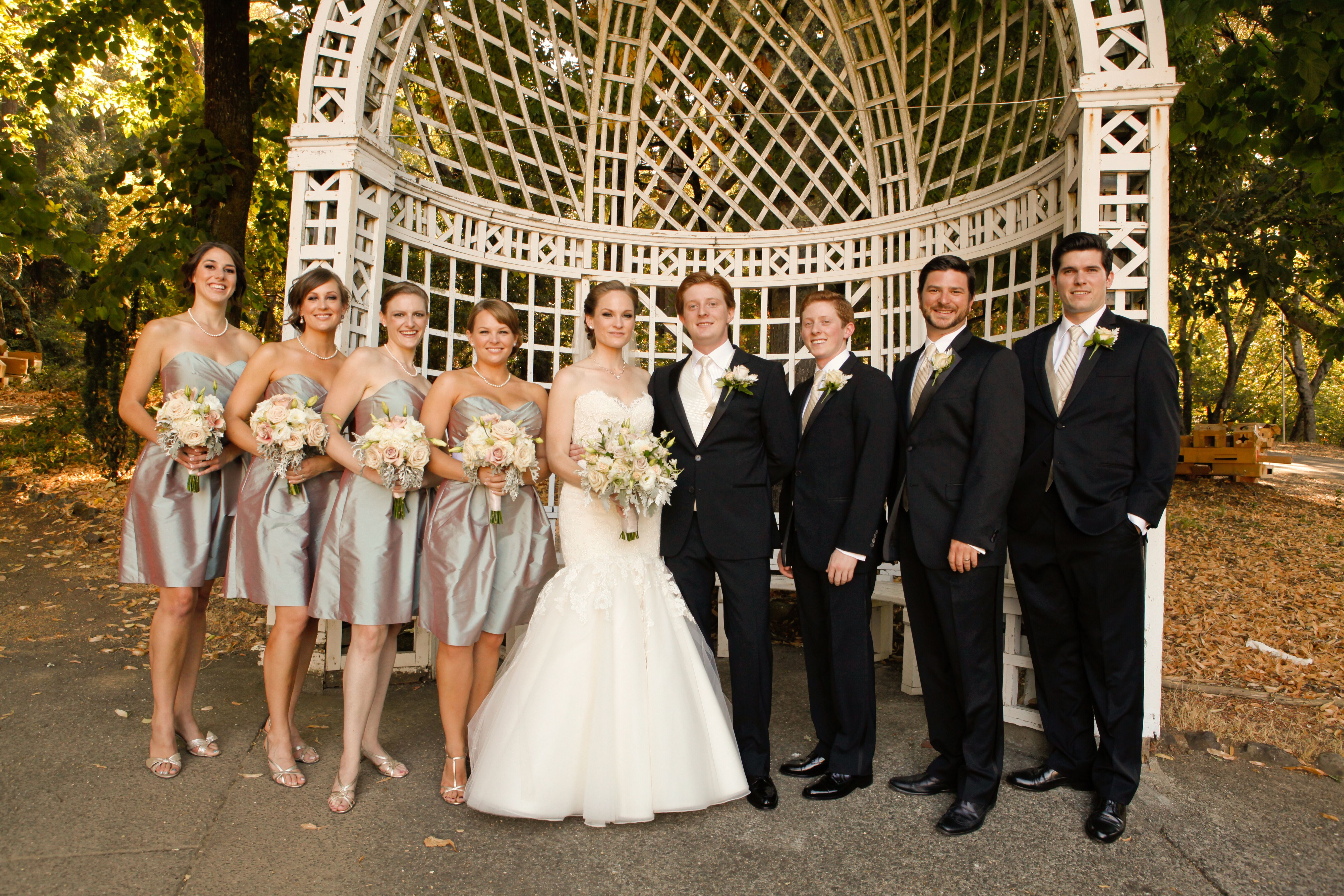 Silver Bridesmaid Dresses and Classic Black Tuxedos