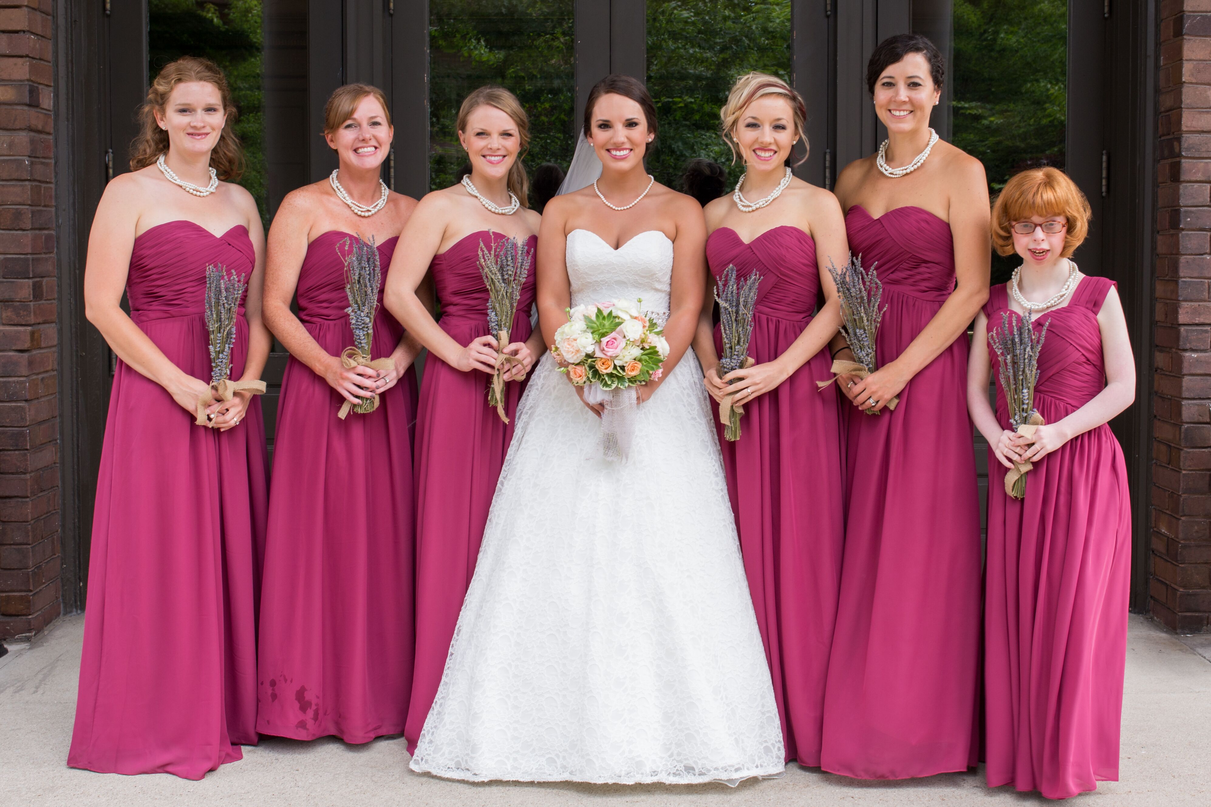 Bridesmaids in Raspberry, Strapless Dresses