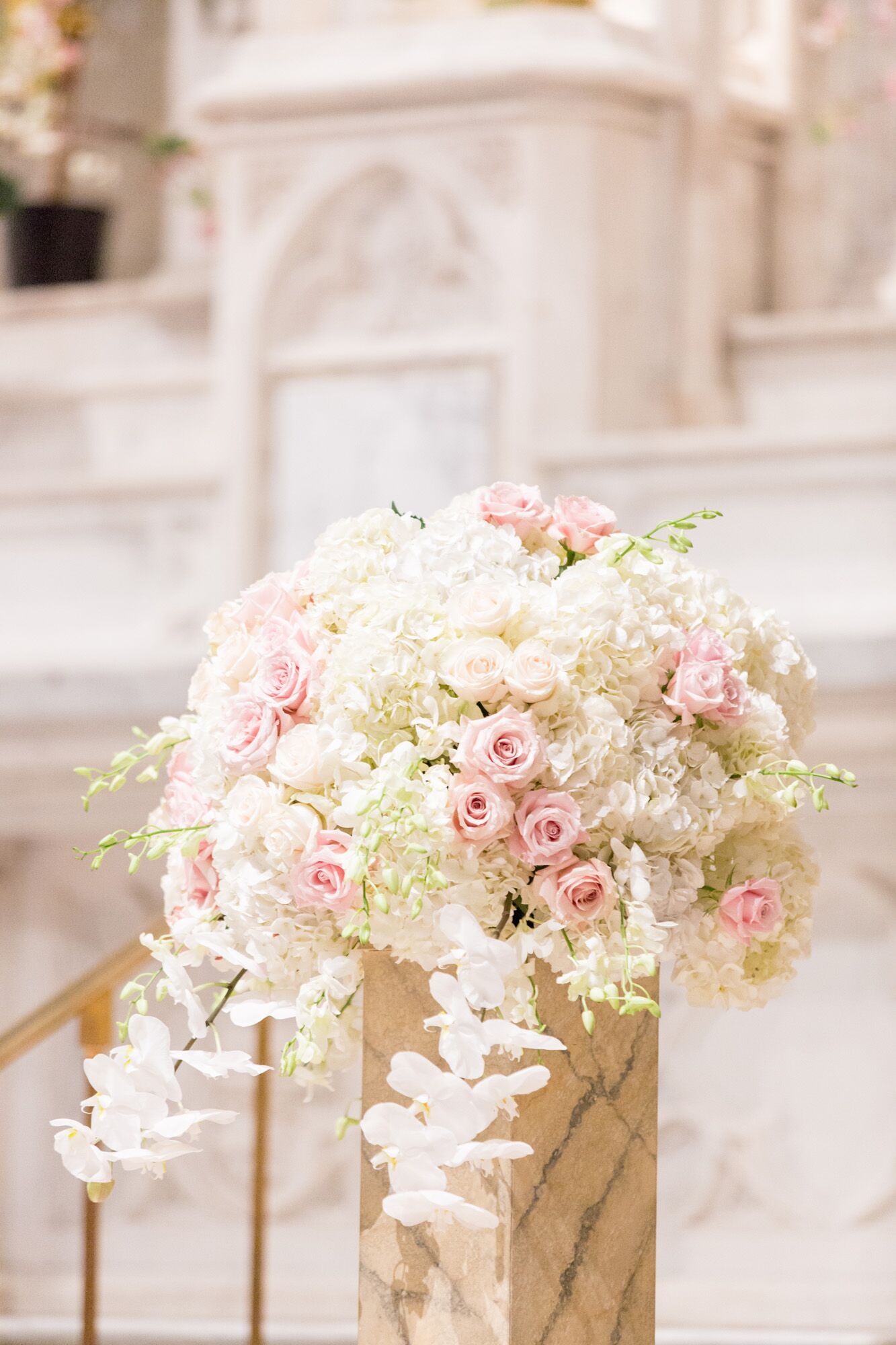 Rose, Hydrangea and Orchid Church Floral Arrangements