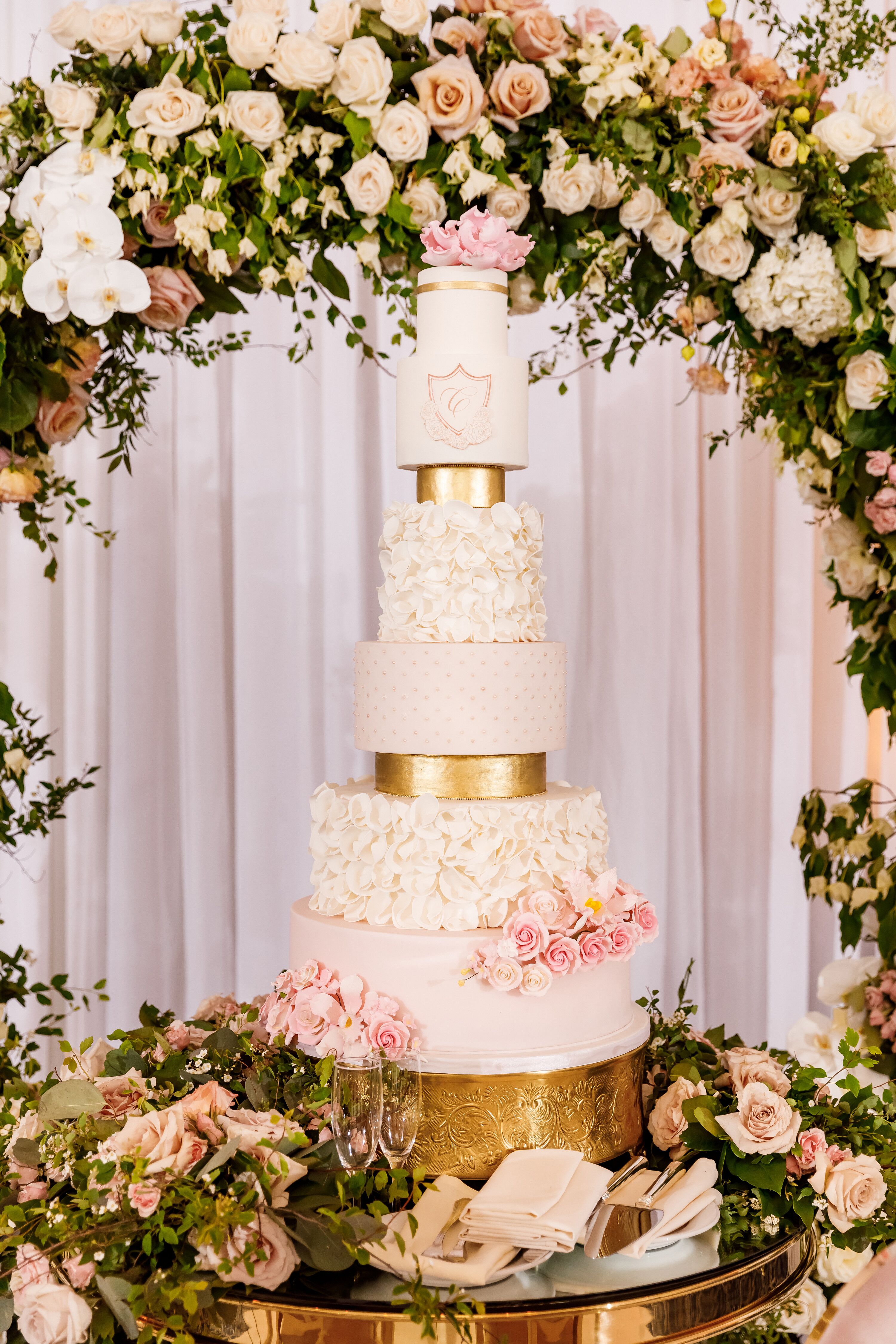 Floral White-and-Gold Wedding Cake at The Palace at Somerset in ...