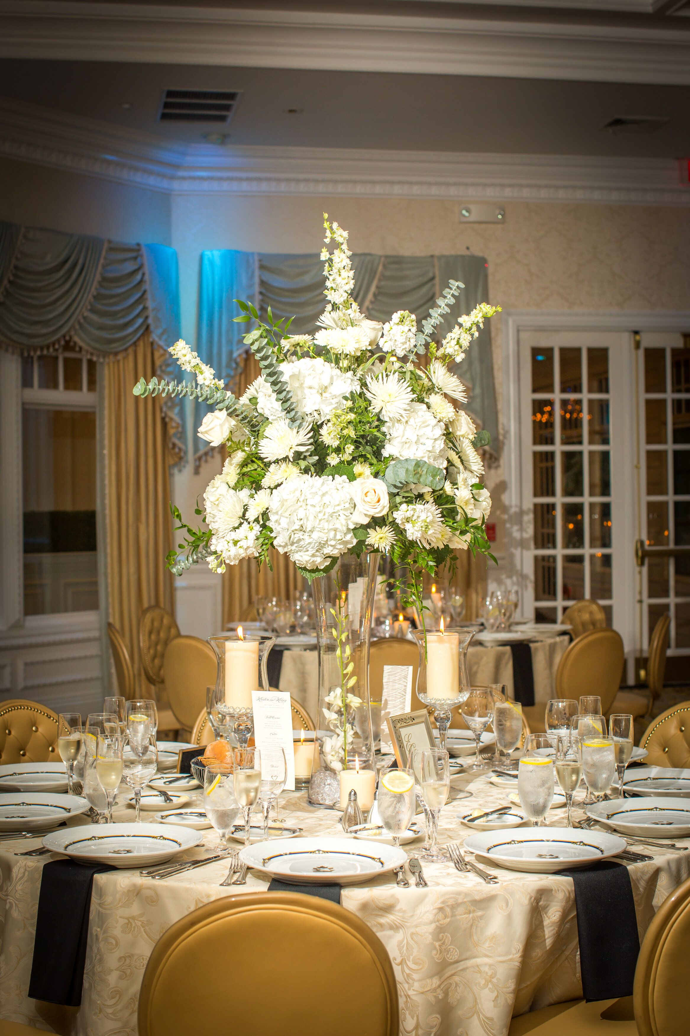 Eucalyptus, Hydrangea and Rose Centerpieces