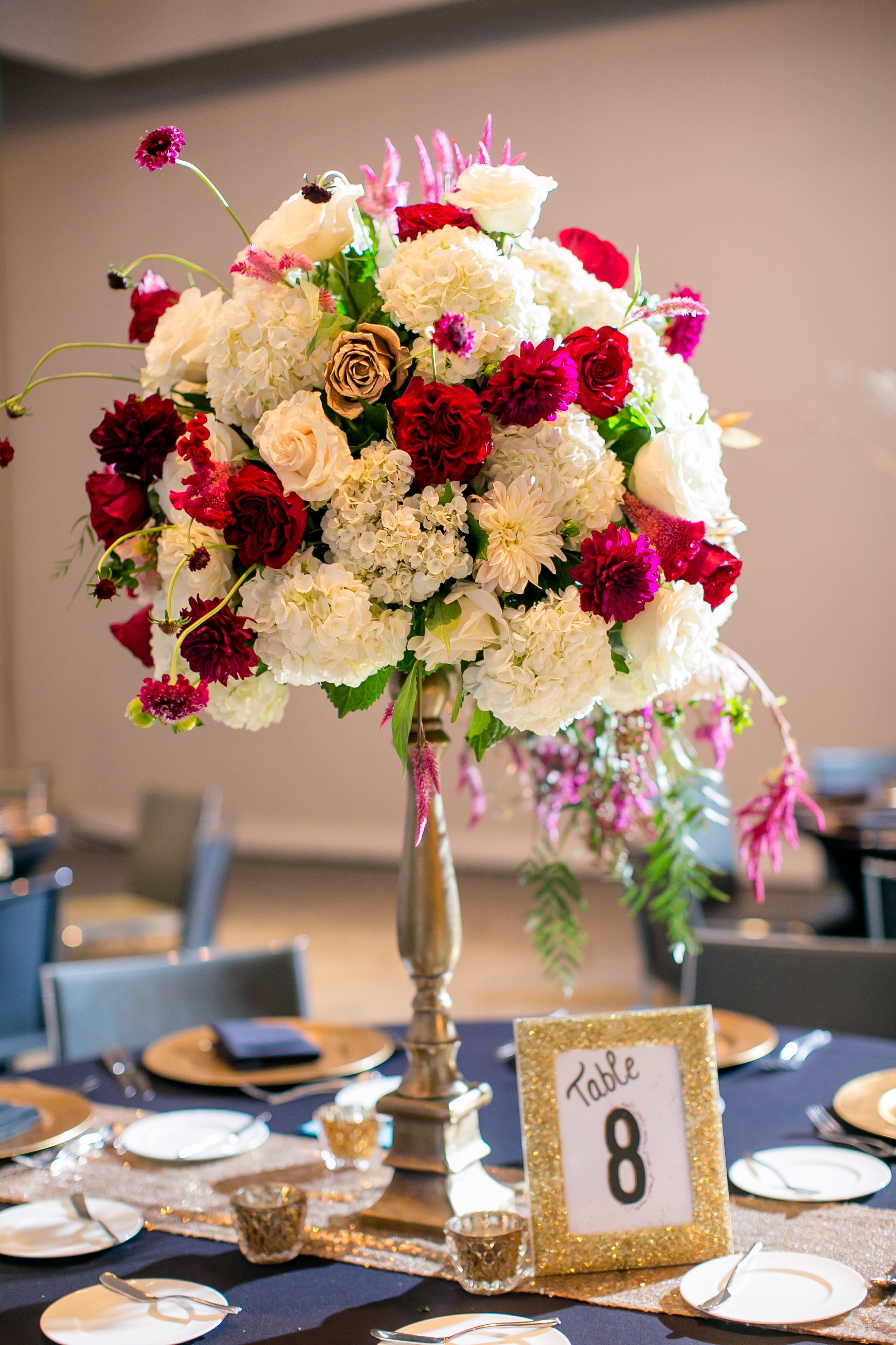 Jewel-Toned Tall Flower Centerpieces at W Austin Hotel