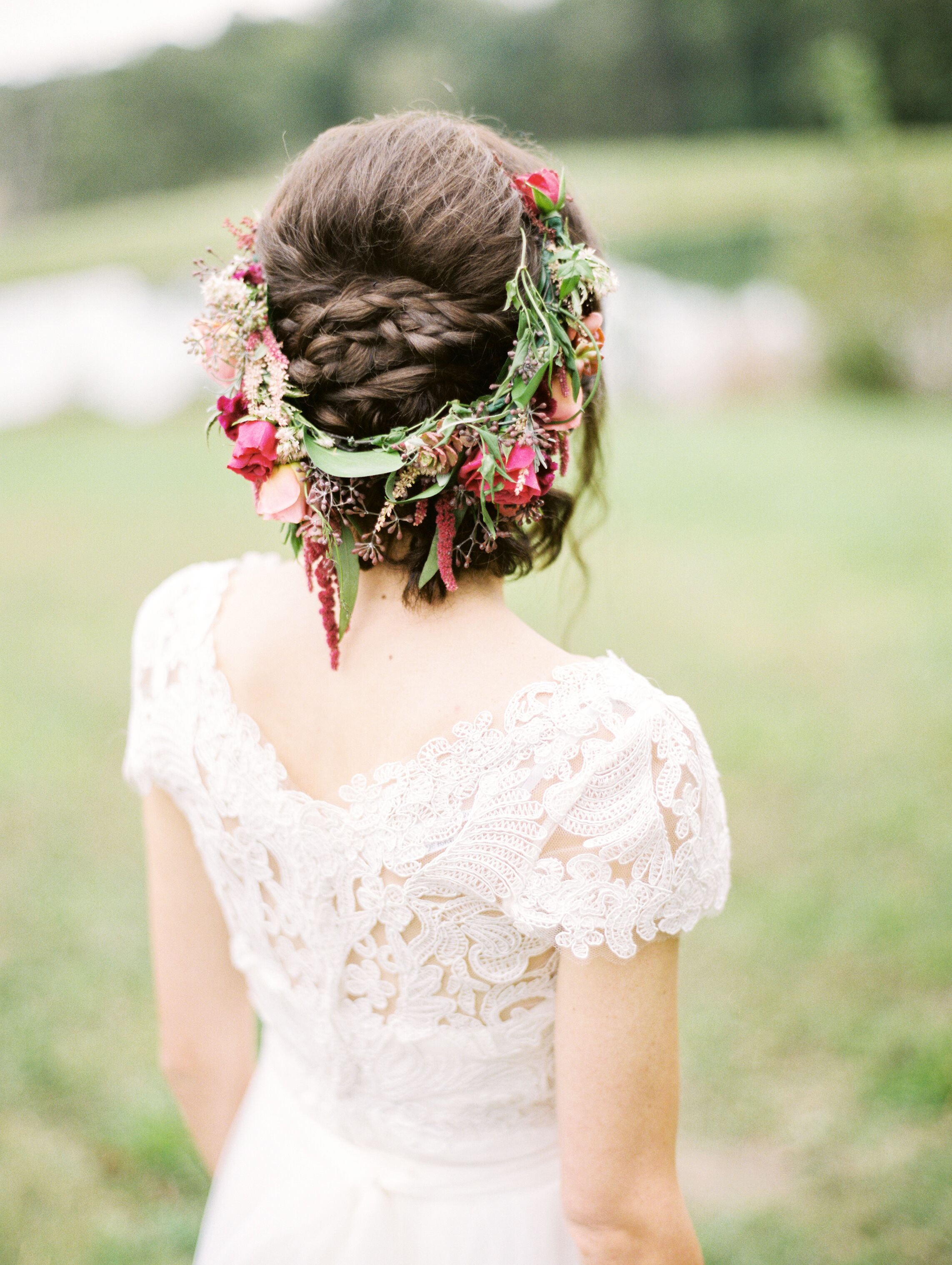 Braided Updo and Burgundy Flower Crown