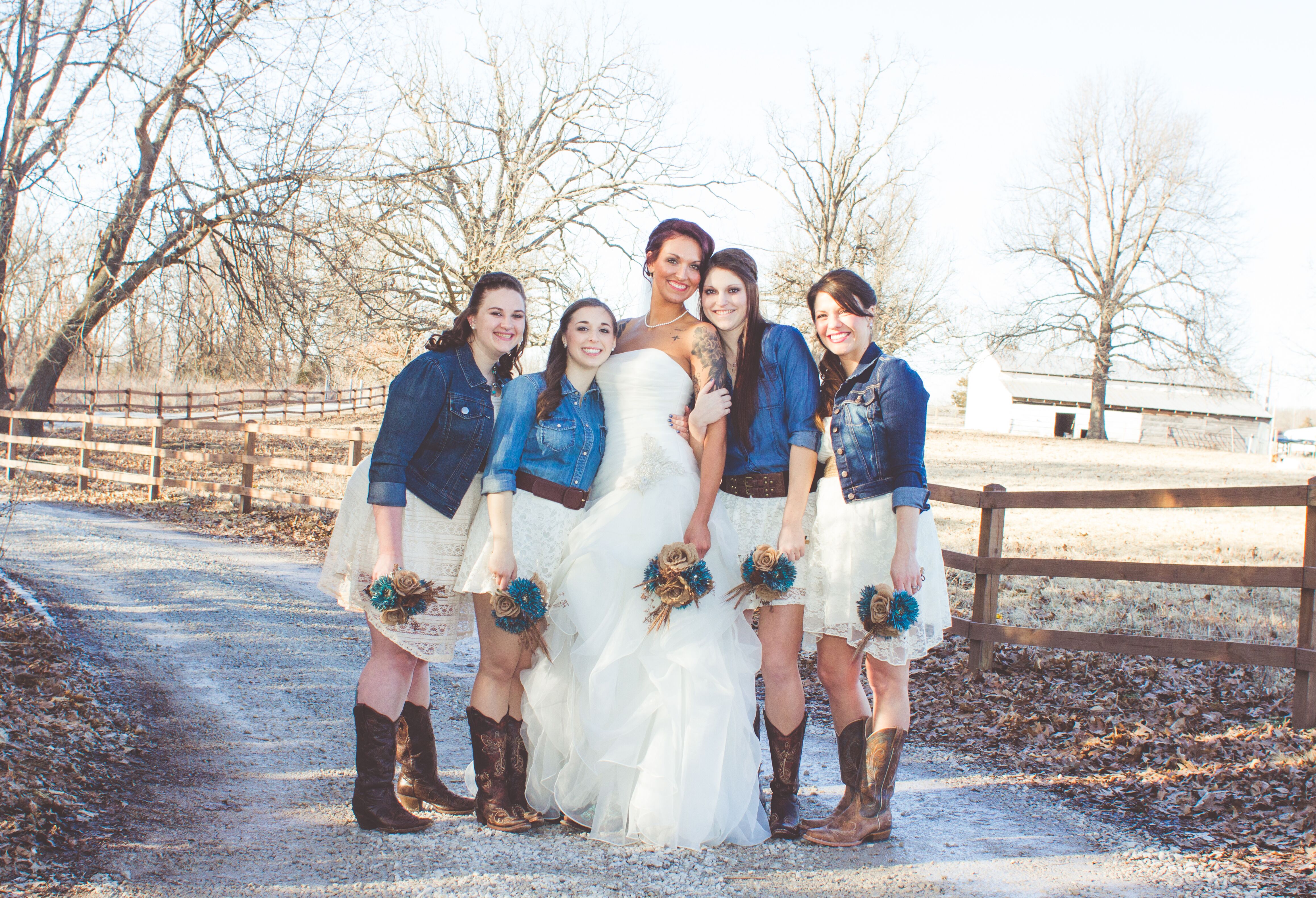 White Bridesmaid  Dresses  with Jean  Jackets 