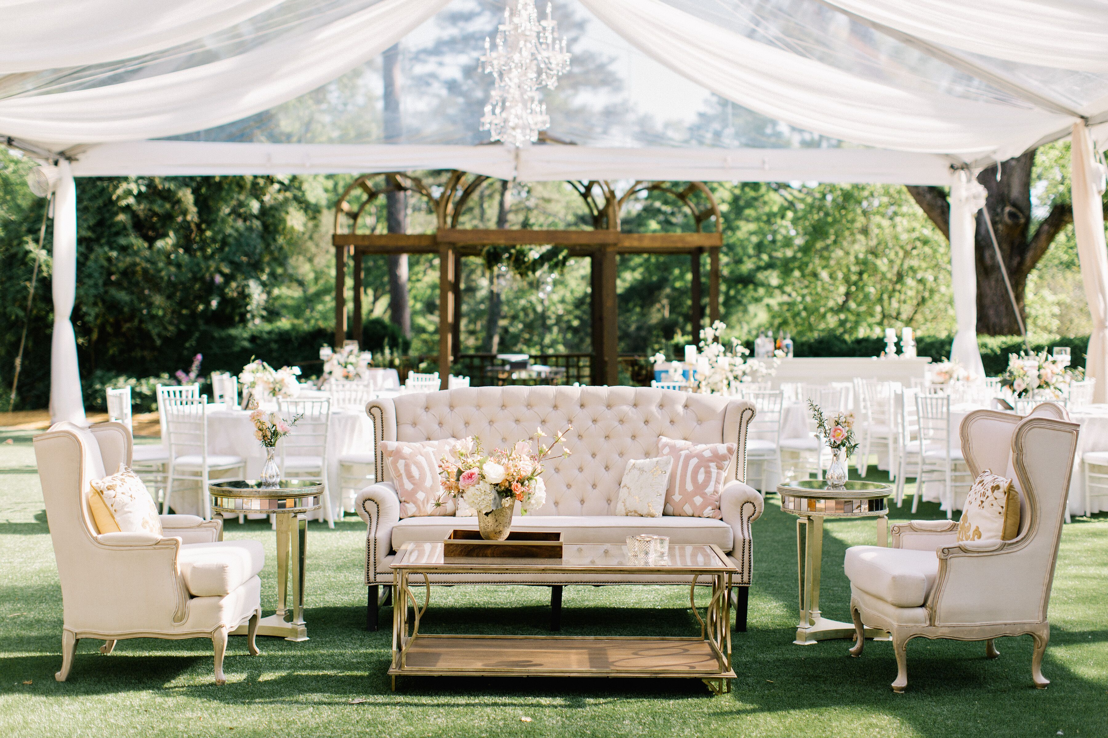 Draped Cocktail Hour Tent with Glam Lounge Furniture