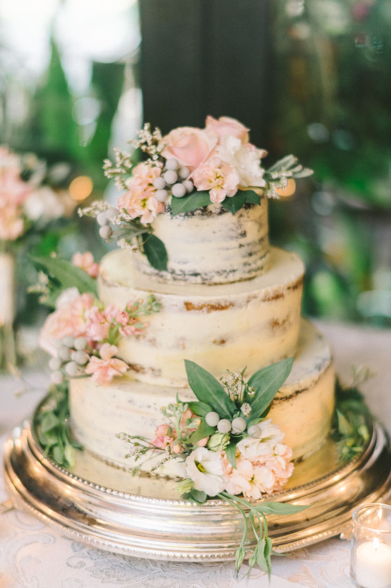 Naked Cake with Blush Roses and Silver Brunia