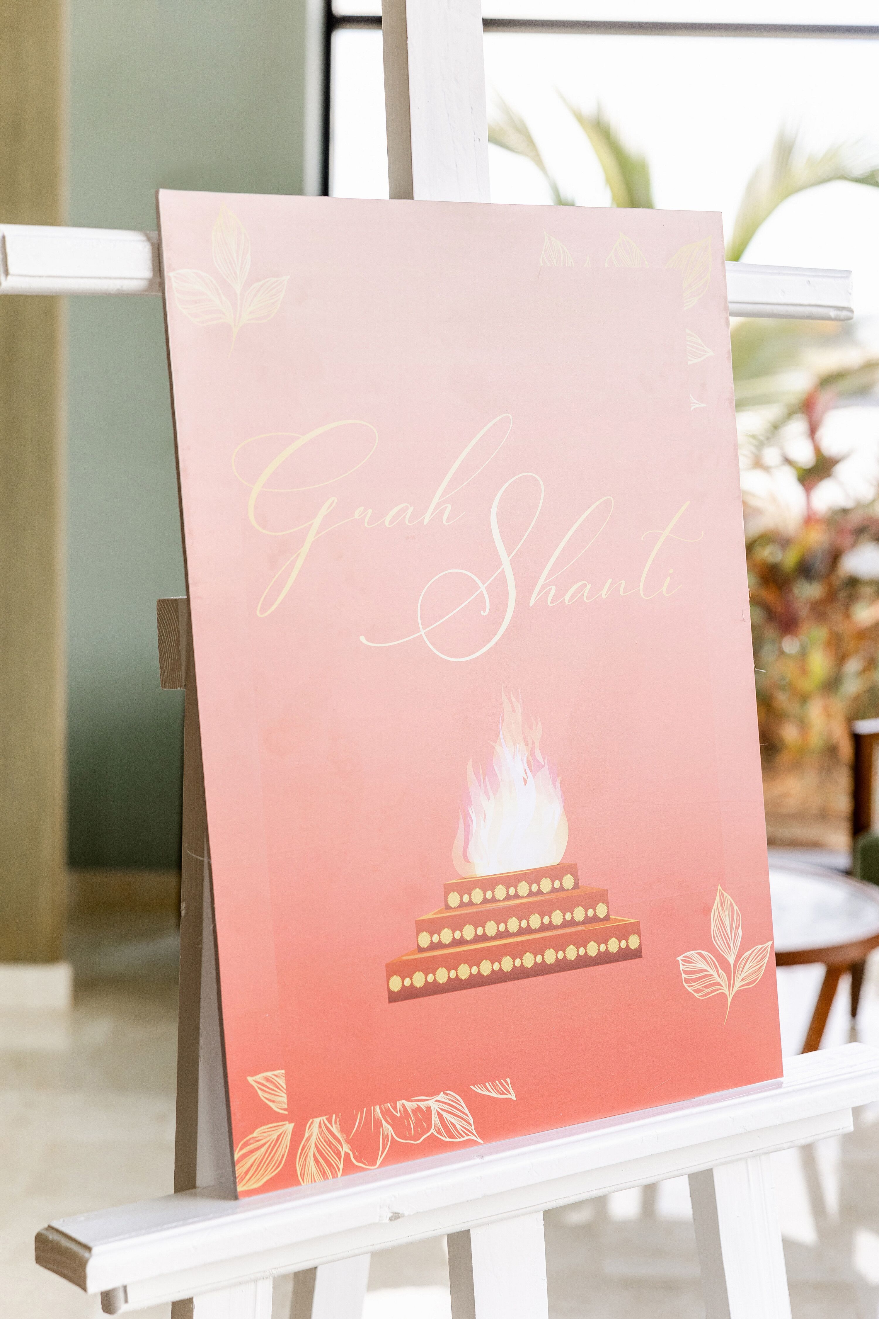 Grah Shanti Sign at Indian Pre-Wedding Event in Pink and Coral Colors