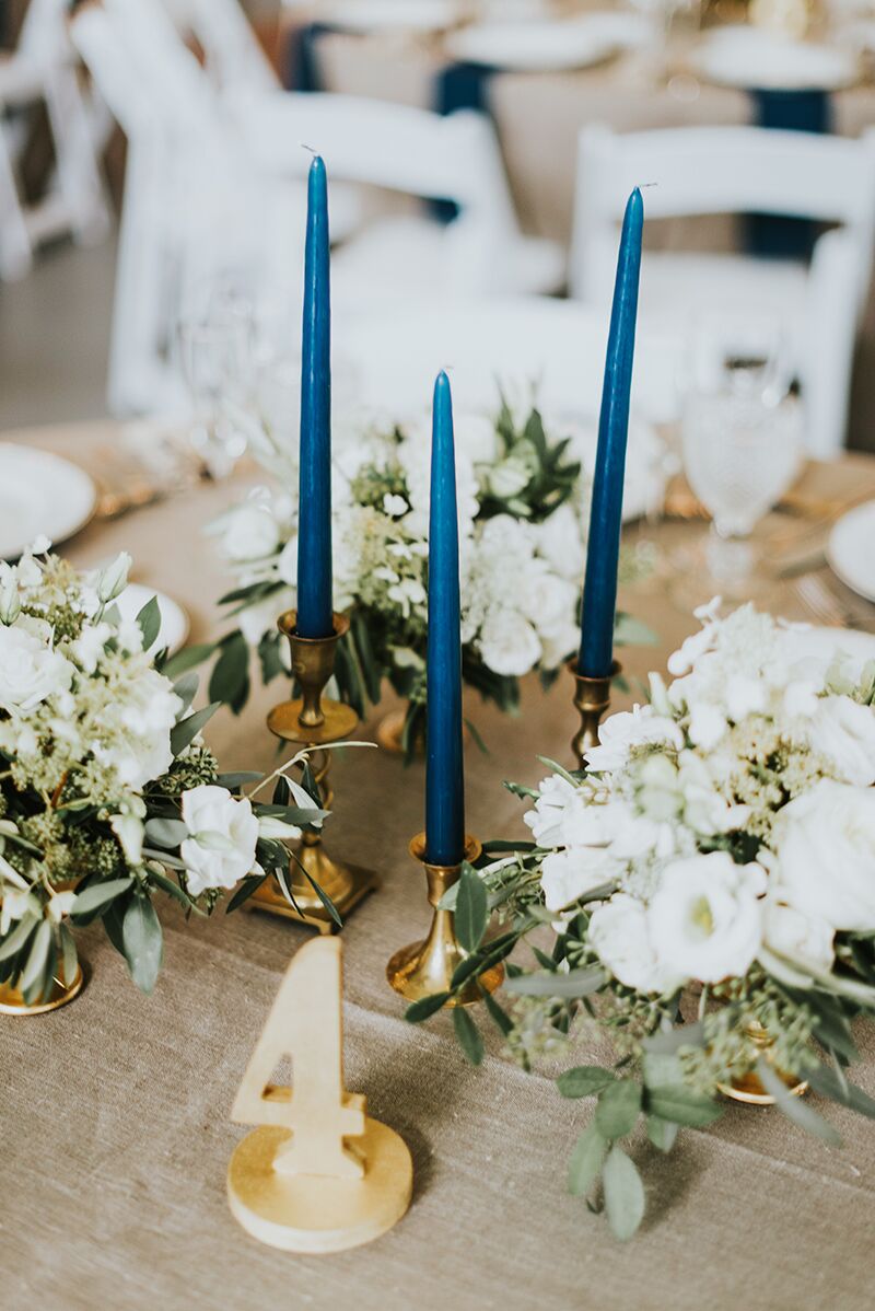 Navy Taper Candles and Gold Vintage Holders.