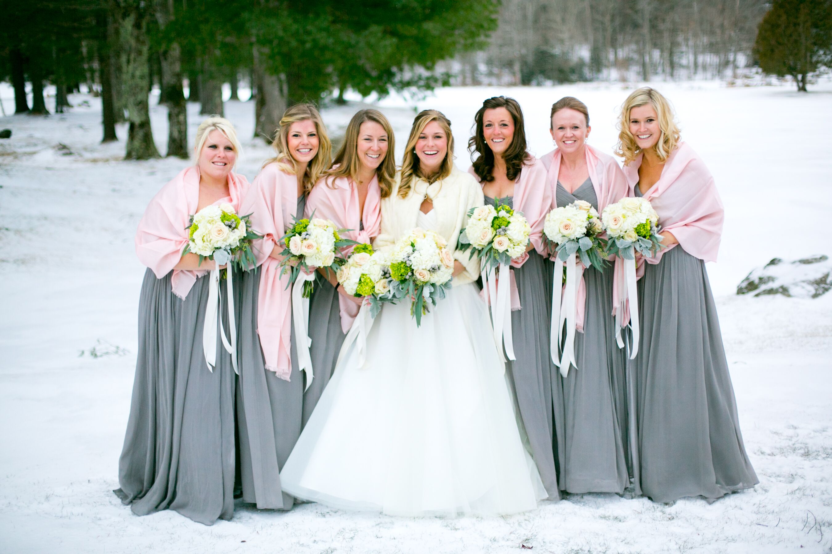 Graphite Gray Bridesmaids Dresses With Blush Shawl