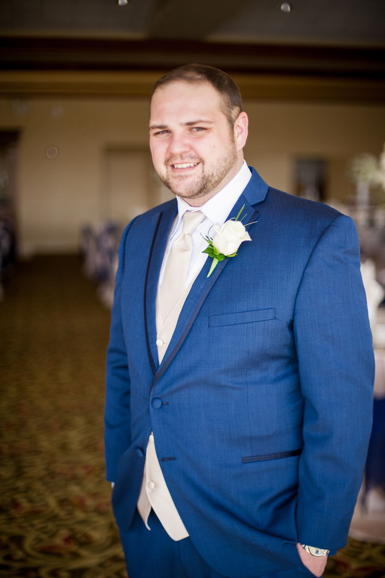 Blue Tuxedo With White Rose Boutonniere