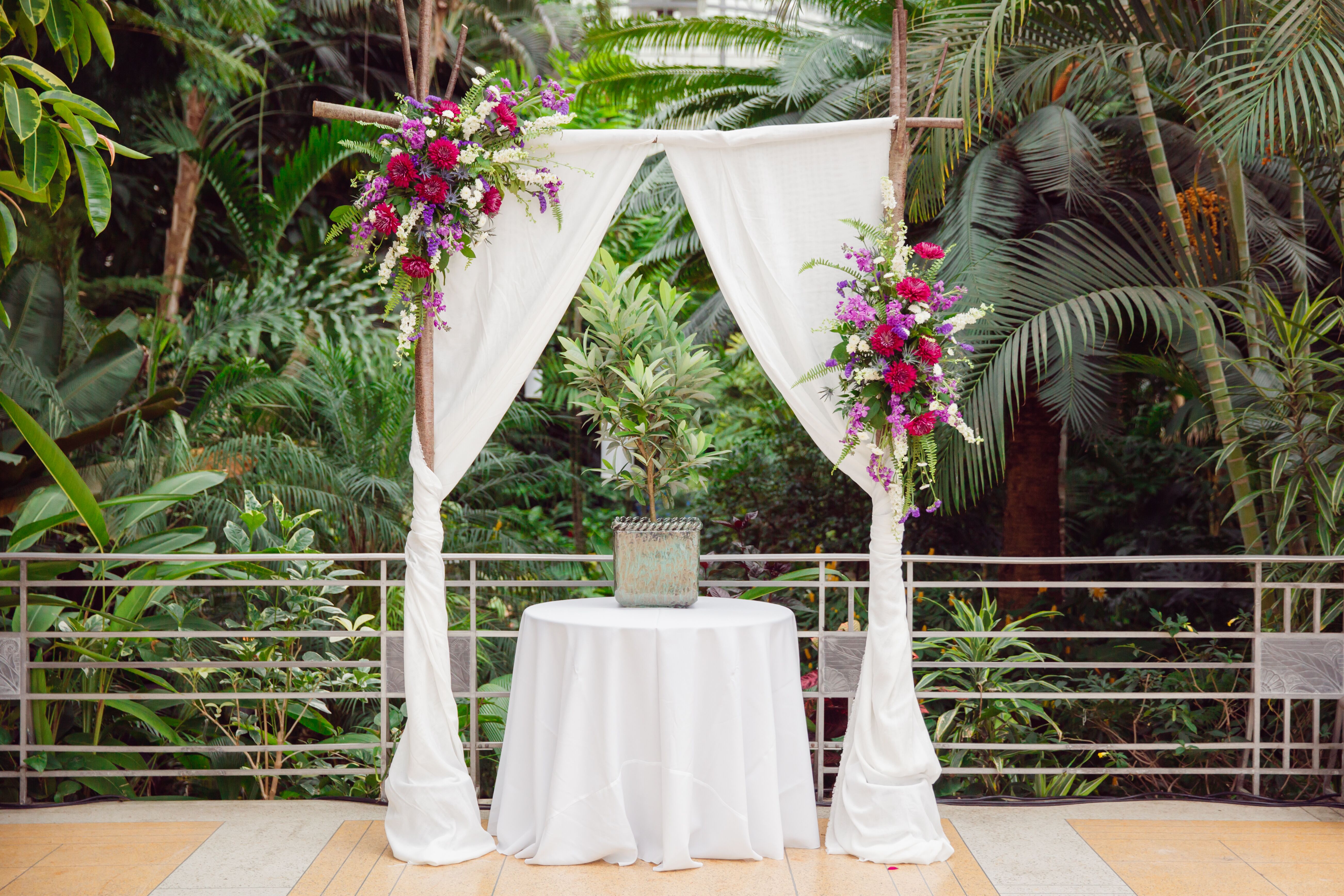 Draped Wedding Arch, Flower Arrangements