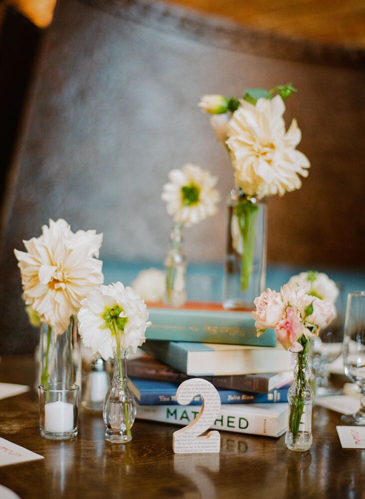 Stacked Book and Bud Vase Centerpieces