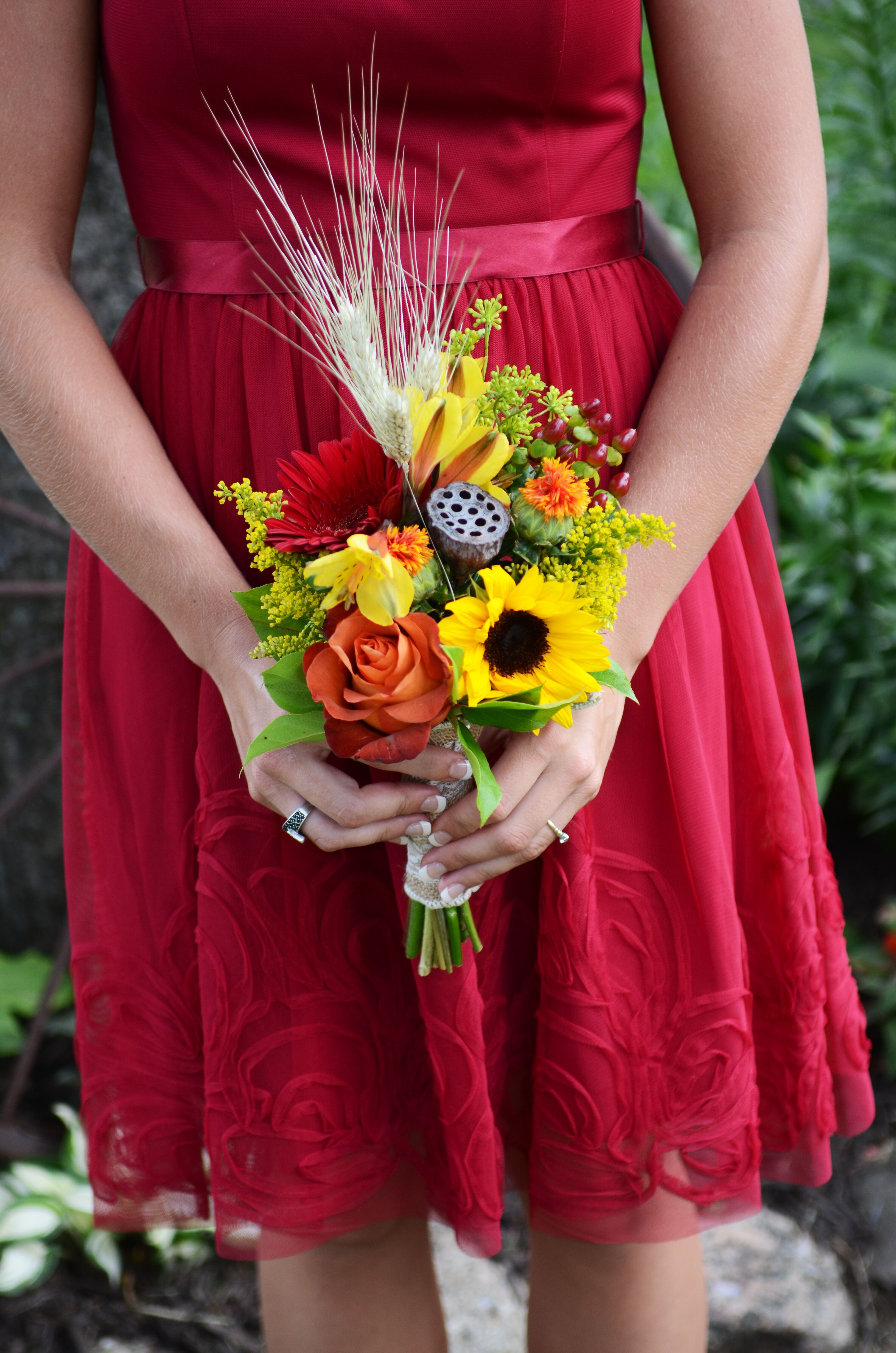 red bridesmaid dresses with sunflowers Red and Yellow Sunflower Bouquet With Roses
