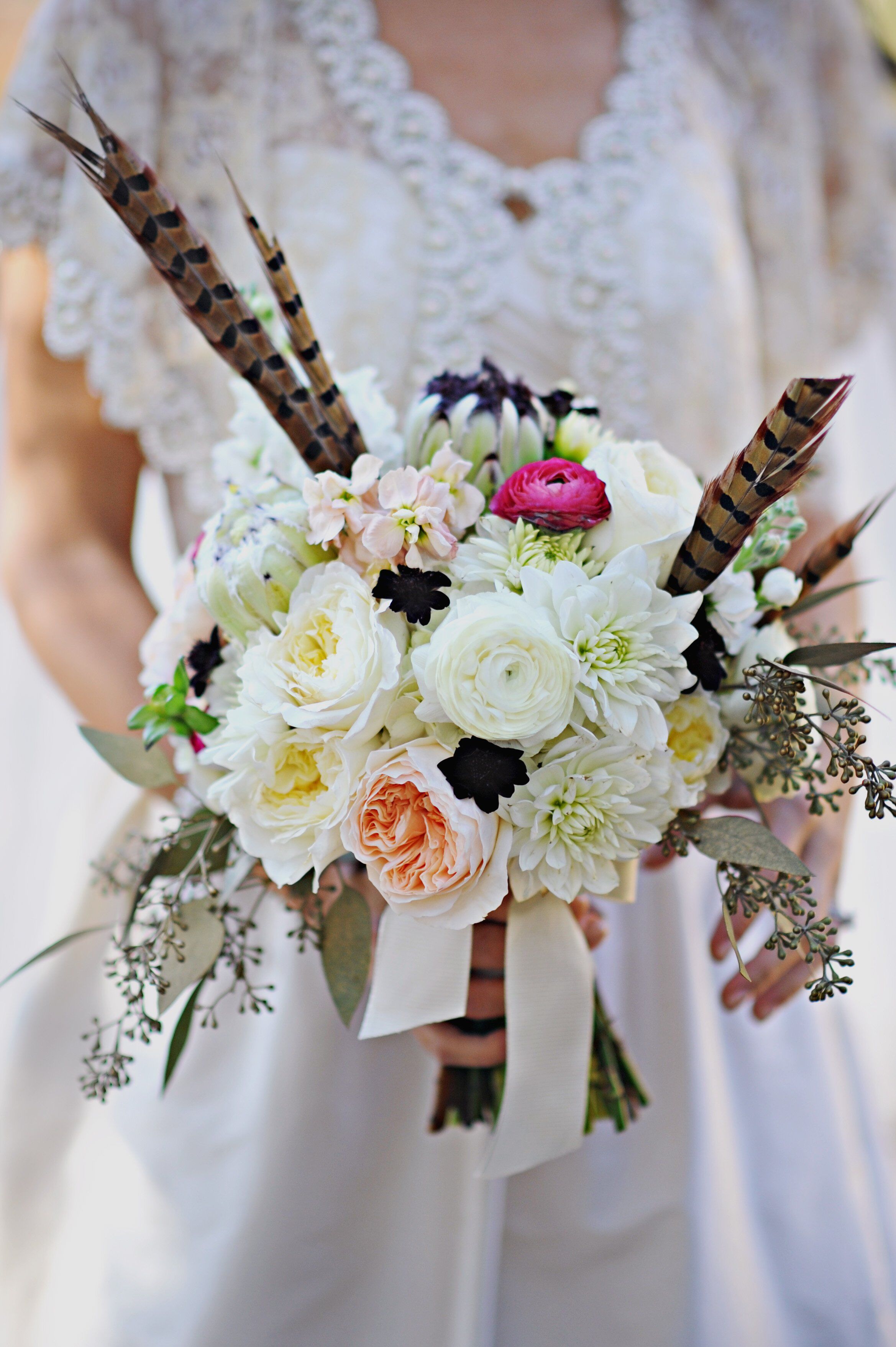 White Bridal Bouquet with Pheasant Feathers