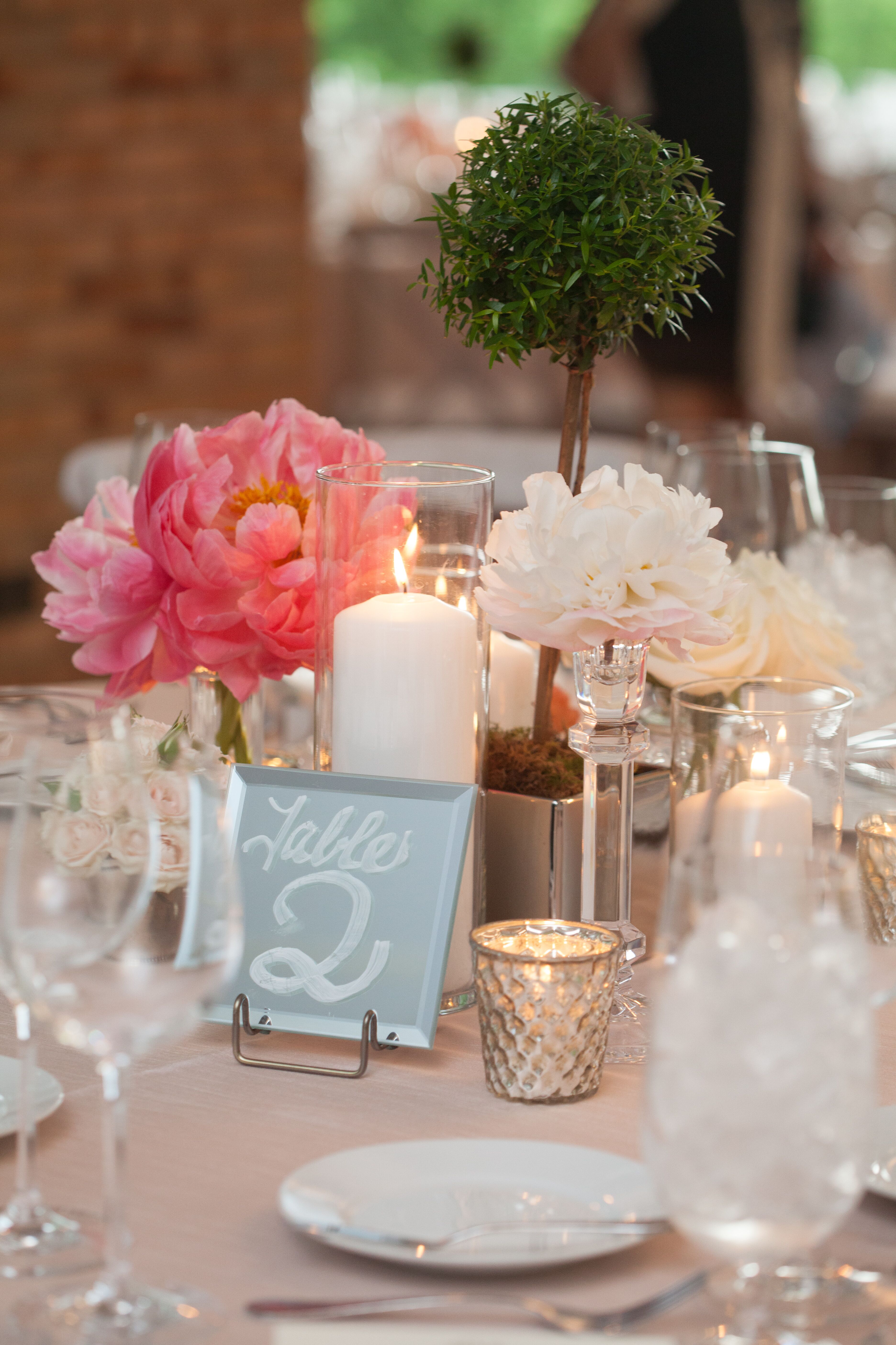 Boxwood And Pink Peony Reception Centerpiece