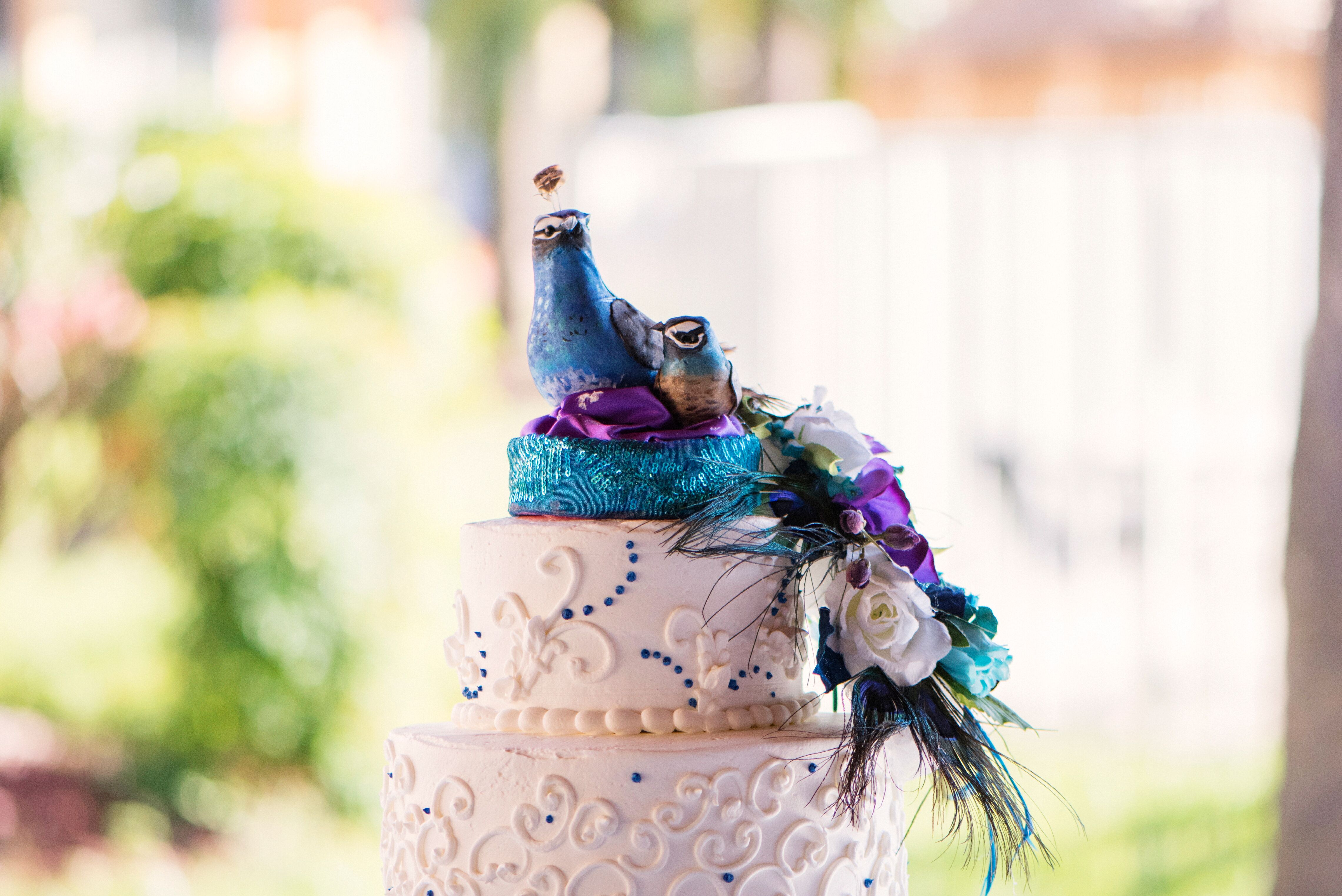 Elegant Colorful Peacock Plume Wedding Cake Topper 
